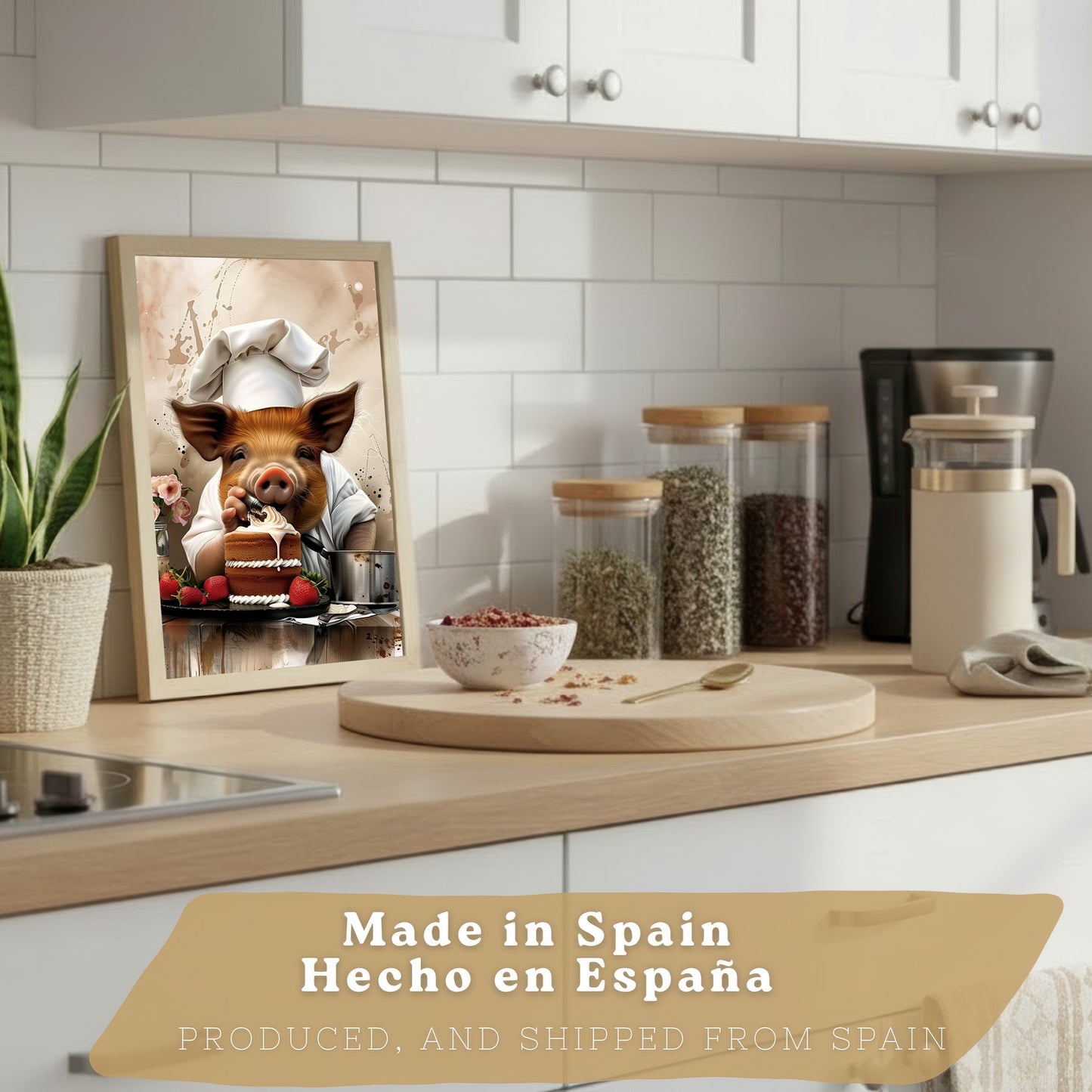 Set de 4 Láminas Animales Chef Cuadros Cocina Cerdo Panadero y Vaca Highland Cocinera Ilustración Póster Decoración Pared