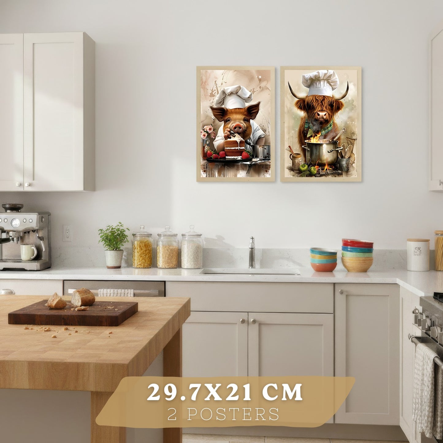 Set de 4 Láminas Animales Chef Cuadros Cocina Cerdo Panadero y Vaca Highland Cocinera Ilustración Póster Decoración Pared