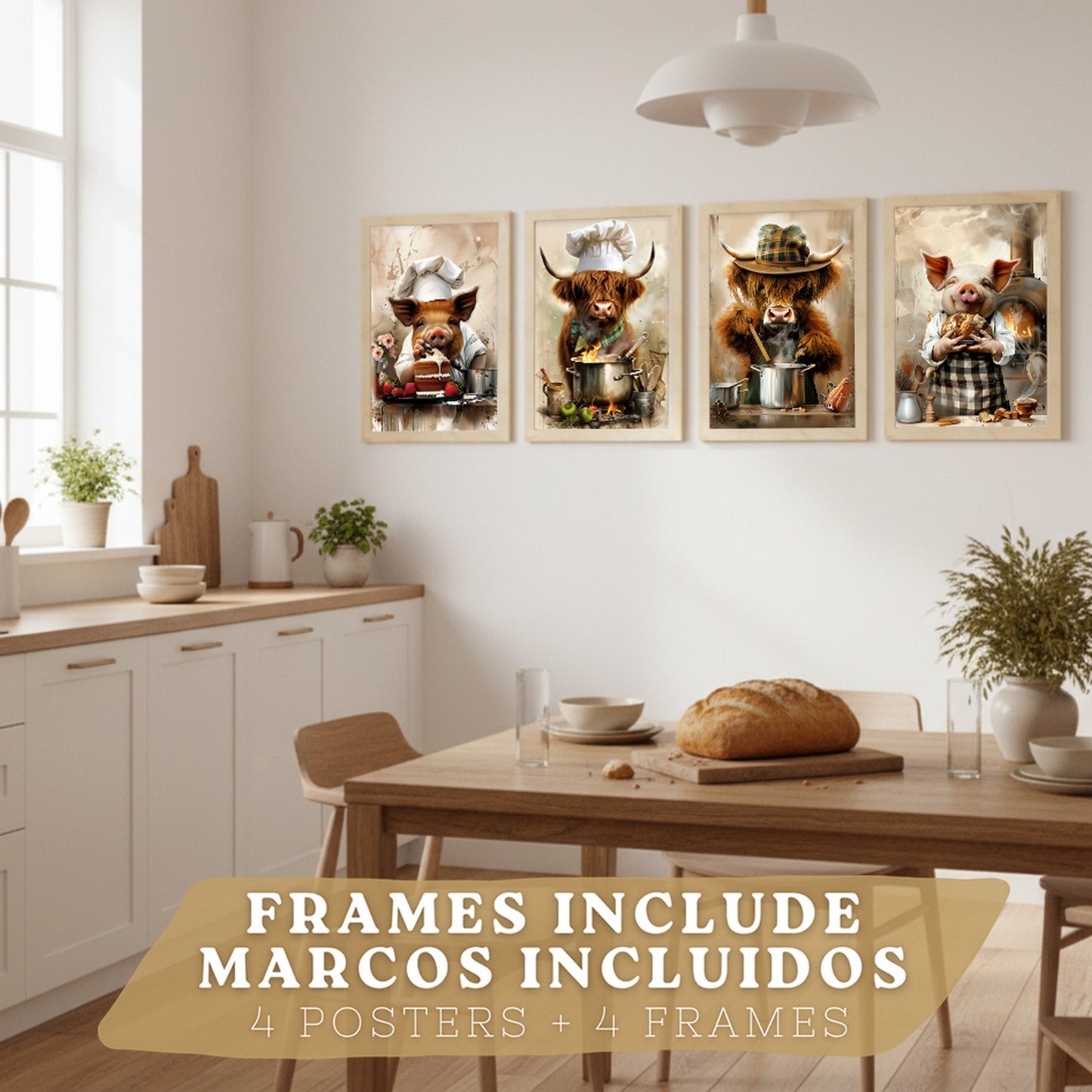 Set de 4 Láminas Animales Chef Cuadros Cocina Cerdo Panadero y Vaca Highland Cocinera Ilustración Póster Decoración Pared