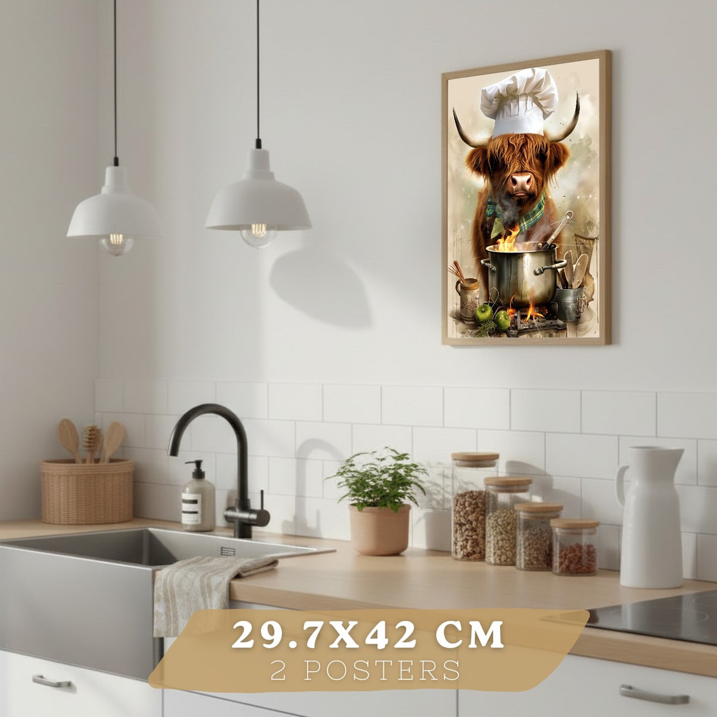 Set de 4 Láminas Animales Chef Cuadros Cocina Cerdo Panadero y Vaca Highland Cocinera Ilustración Póster Decoración Pared