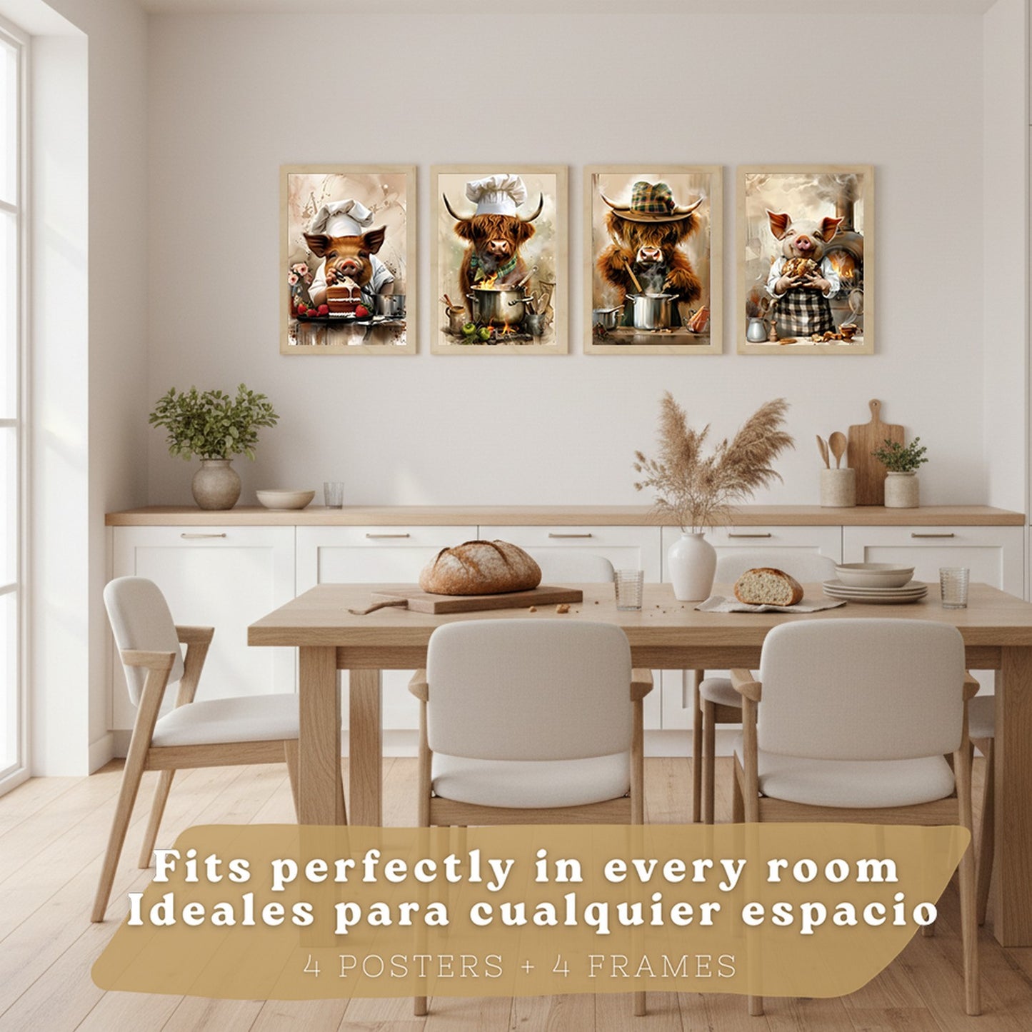 Set de 4 Láminas Animales Chef Cuadros Cocina Cerdo Panadero y Vaca Highland Cocinera Ilustración Póster Decoración Pared