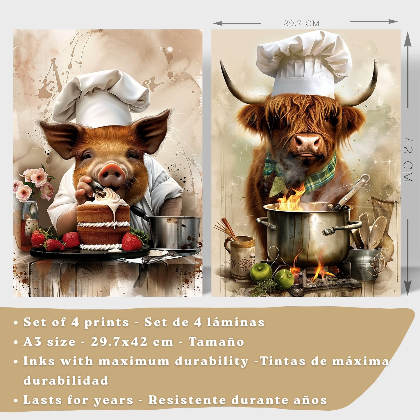 Set de 4 Láminas Animales Chef Cuadros Cocina Cerdo Panadero y Vaca Highland Cocinera Ilustración Póster Decoración Pared