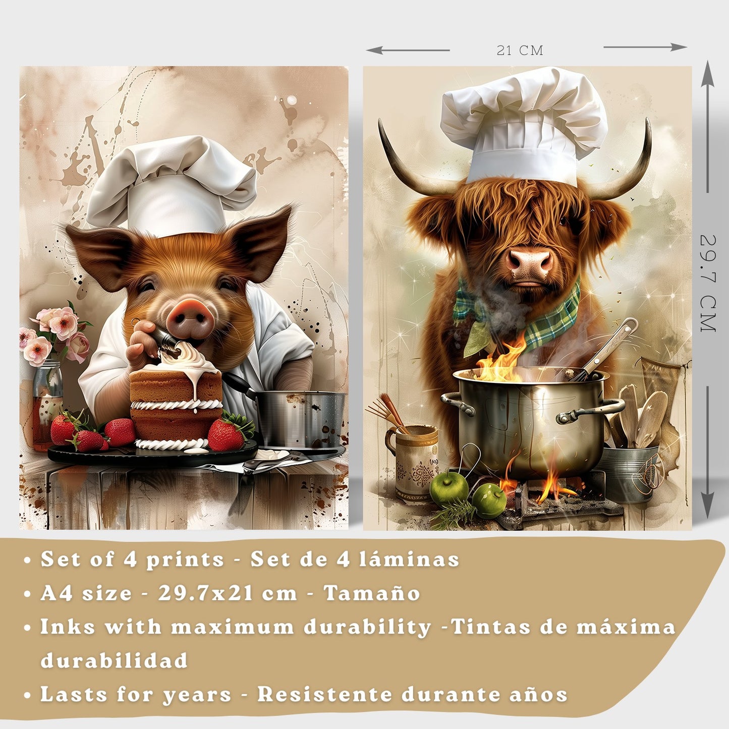 Set de 4 Láminas Animales Chef Cuadros Cocina Cerdo Panadero y Vaca Highland Cocinera Ilustración Póster Decoración Pared