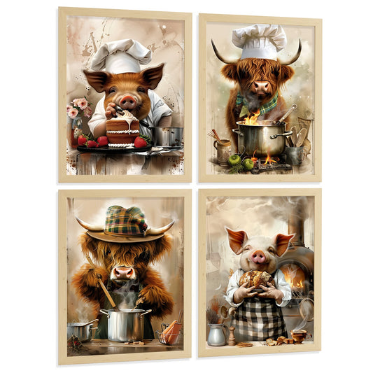 Set de 4 Láminas Animales Chef Cuadros Cocina Cerdo Panadero y Vaca Highland Cocinera Ilustración Póster Decoración Pared