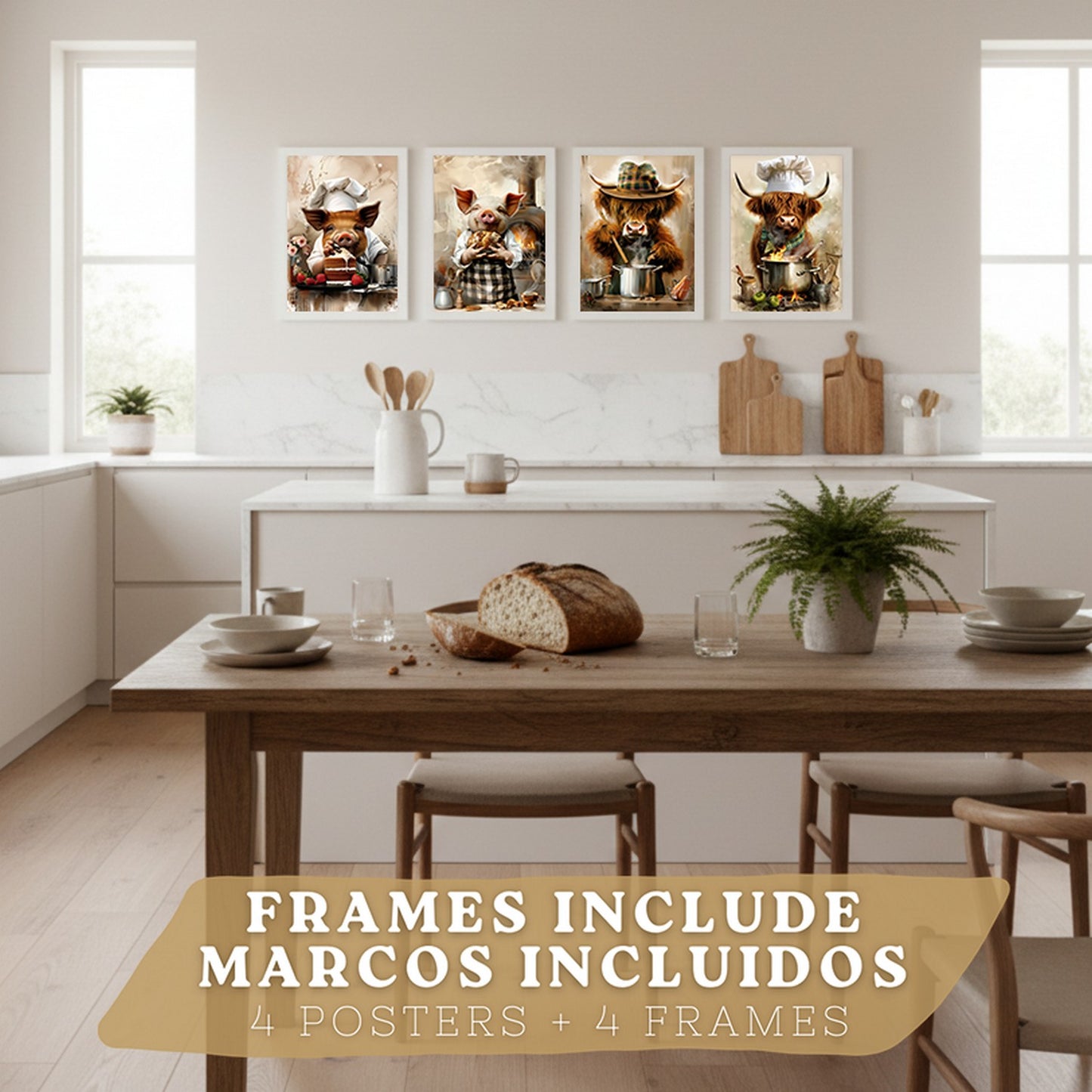 Set de 4 Láminas Animales Chef Cuadros Cocina Cerdo Panadero y Vaca Highland Cocinera Ilustración Póster Decoración Pared