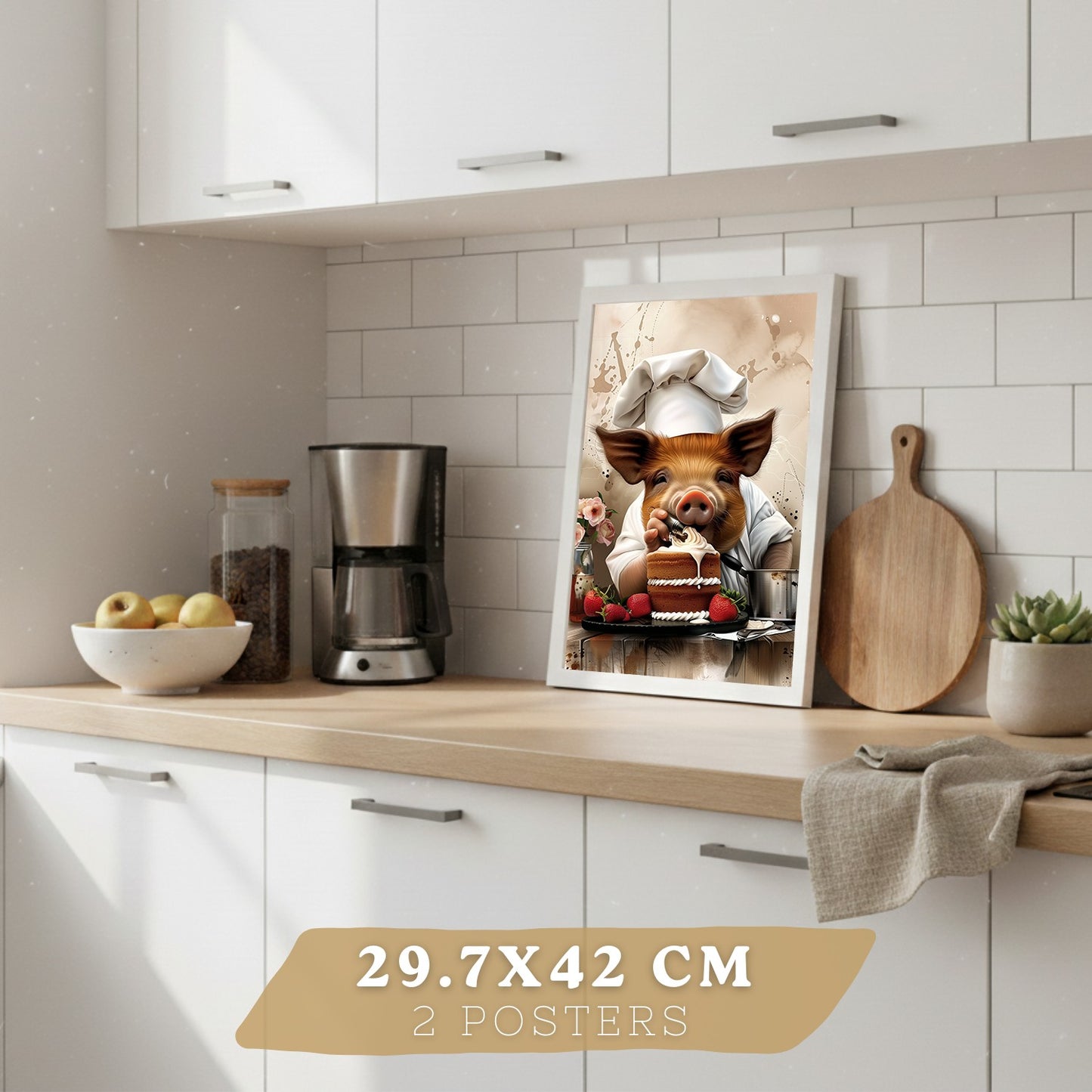 Set de 4 Láminas Animales Chef Cuadros Cocina Cerdo Panadero y Vaca Highland Cocinera Ilustración Póster Decoración Pared