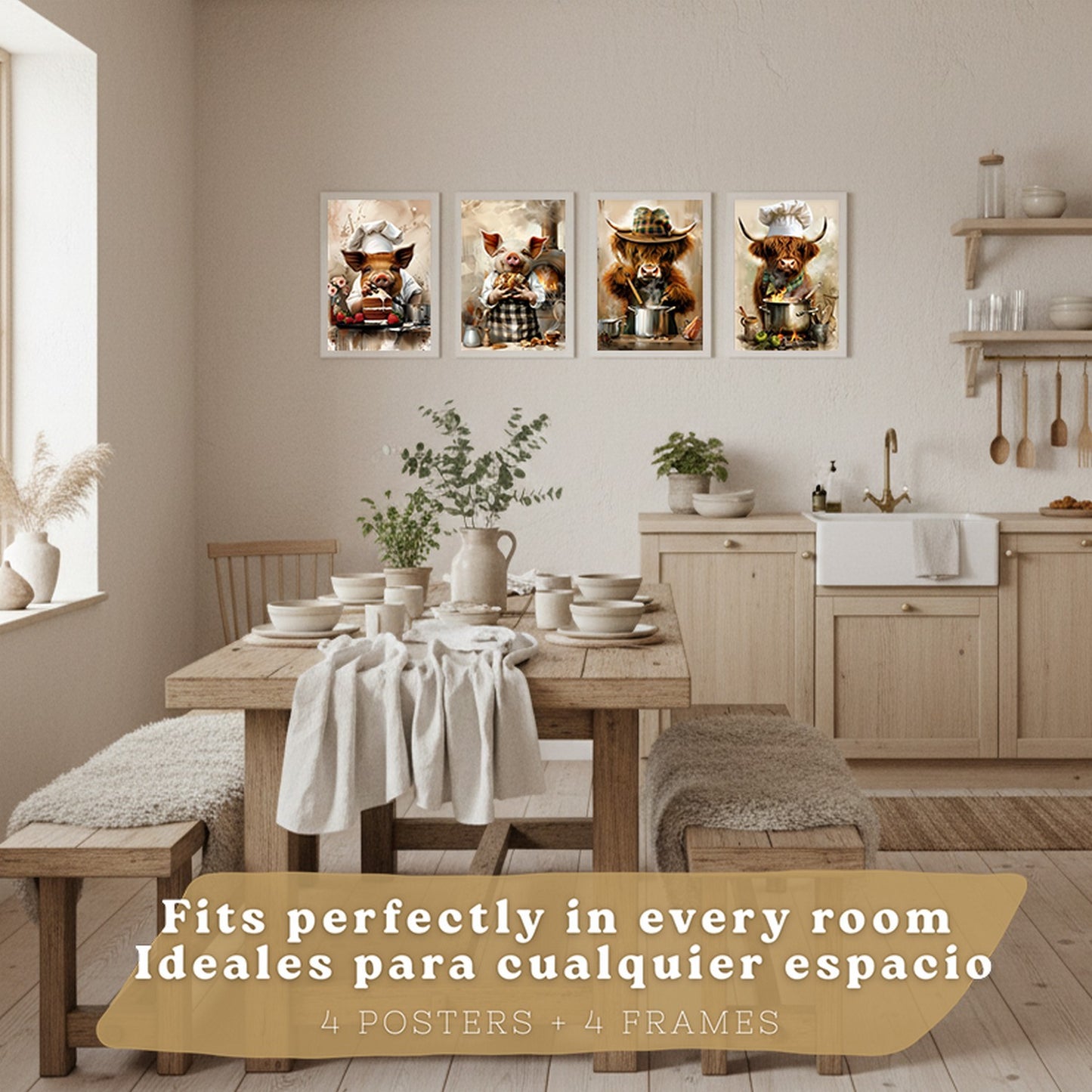 Set de 4 Láminas Animales Chef Cuadros Cocina Cerdo Panadero y Vaca Highland Cocinera Ilustración Póster Decoración Pared