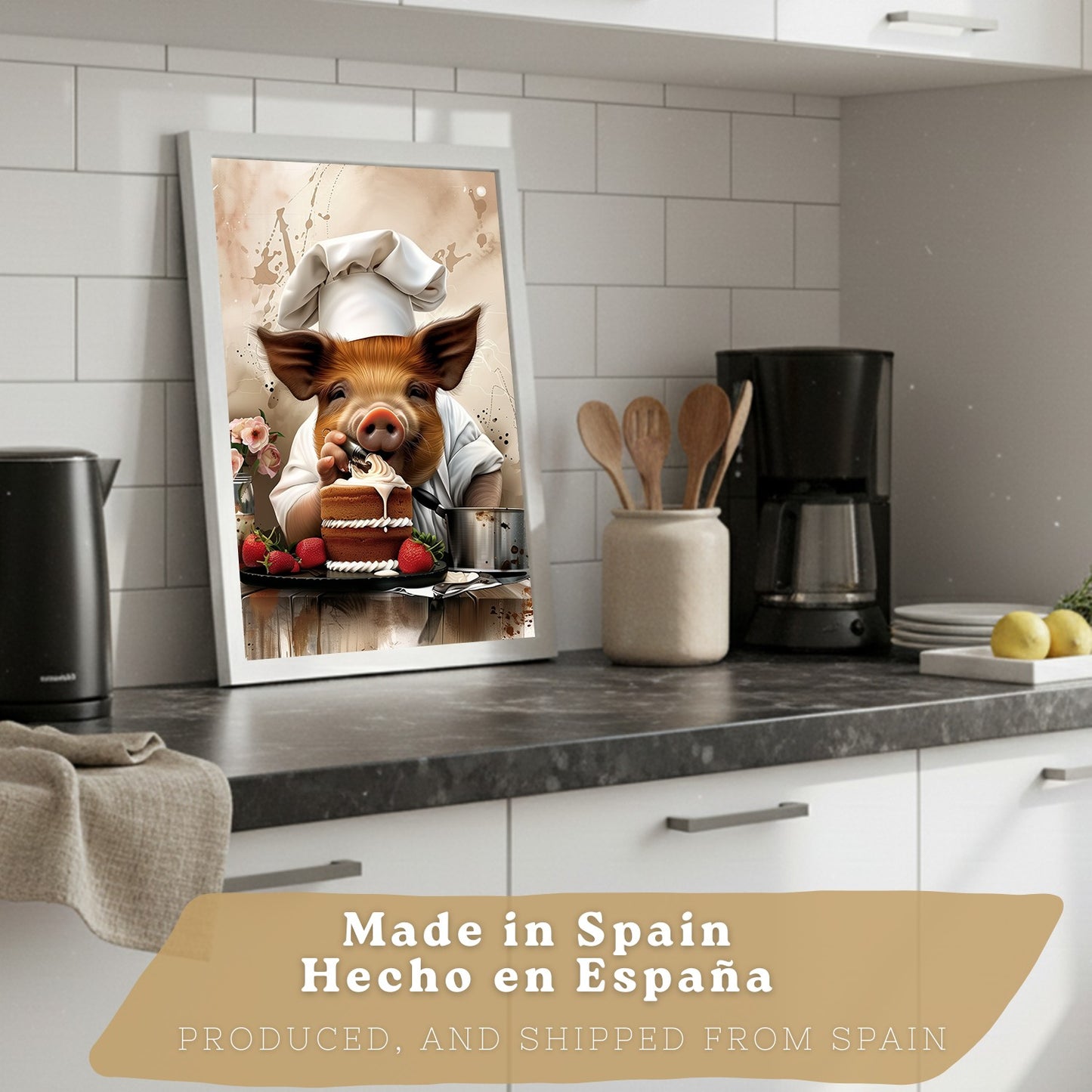Set de 4 Láminas Animales Chef Cuadros Cocina Cerdo Panadero y Vaca Highland Cocinera Ilustración Póster Decoración Pared