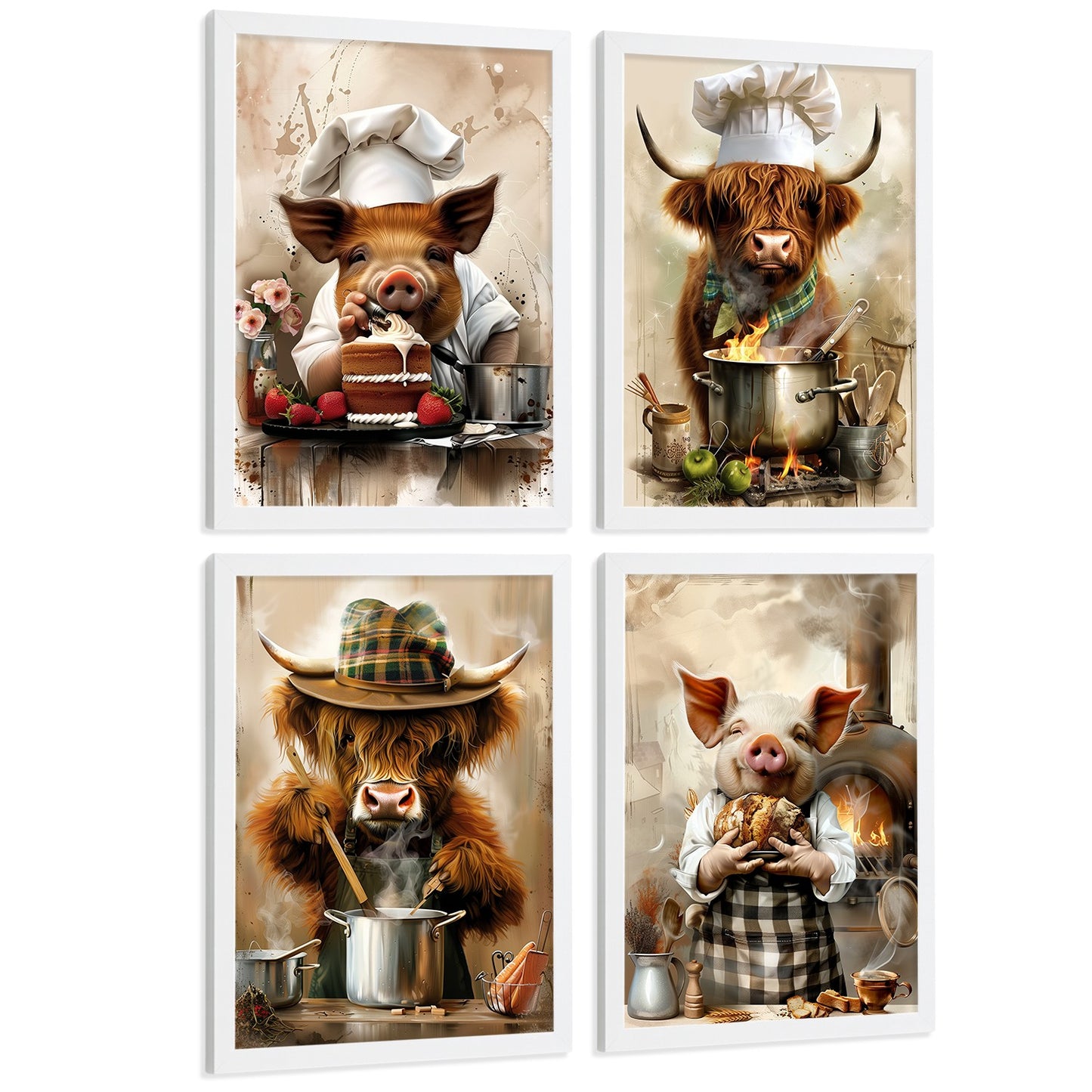 Set de 4 Láminas Animales Chef Cuadros Cocina Cerdo Panadero y Vaca Highland Cocinera Ilustración Póster Decoración Pared
