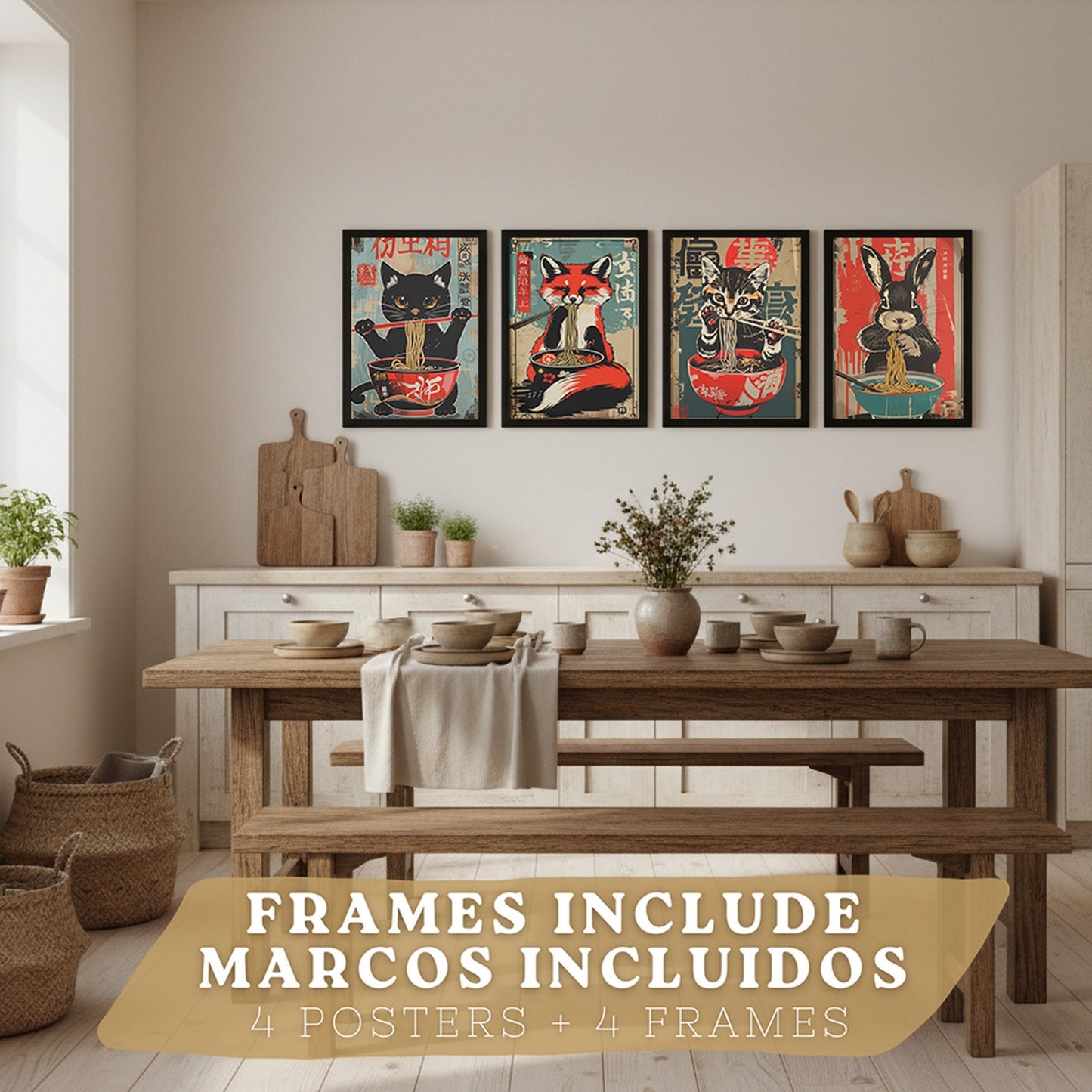 Set de 4 Láminas Animales Ramen Japonés Cuadros Cocina Gato Zorro y Conejo Comiendo Noodles Póster Decoración Pared