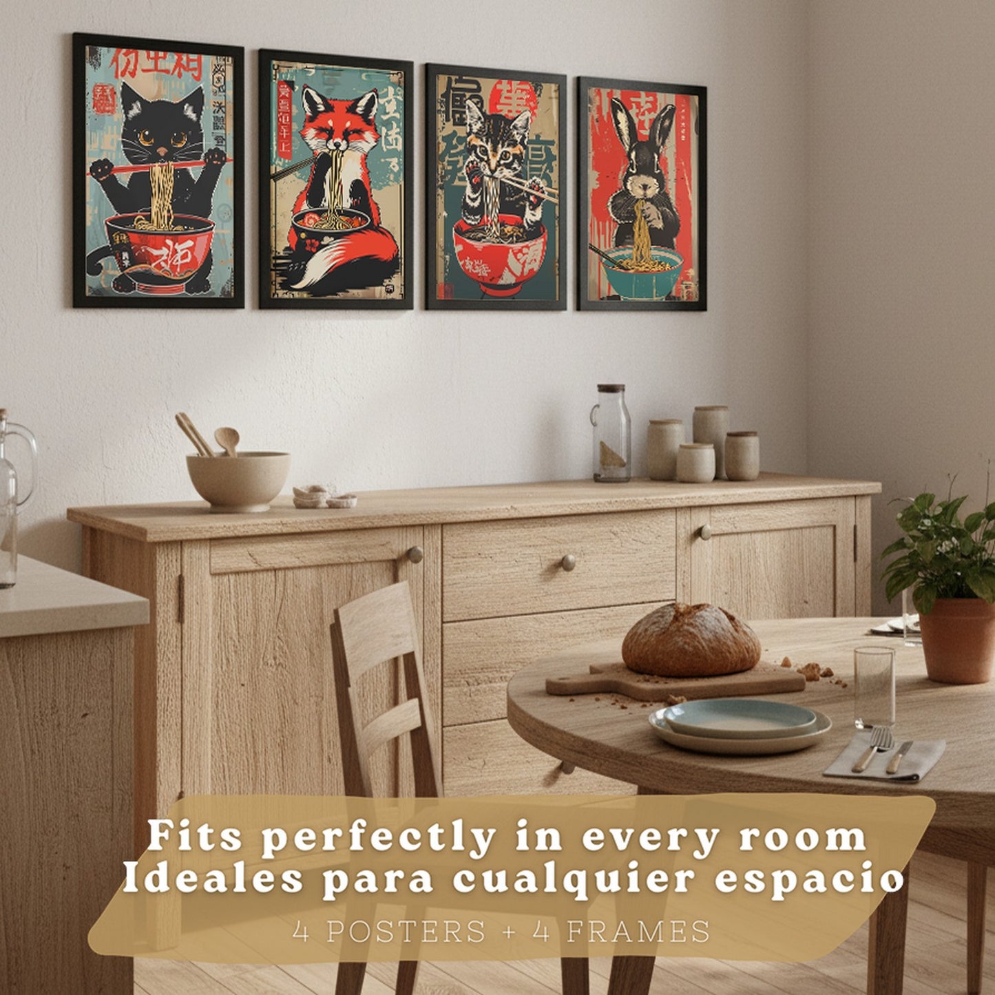 Set de 4 Láminas Animales Ramen Japonés Cuadros Cocina Gato Zorro y Conejo Comiendo Noodles Póster Decoración Pared