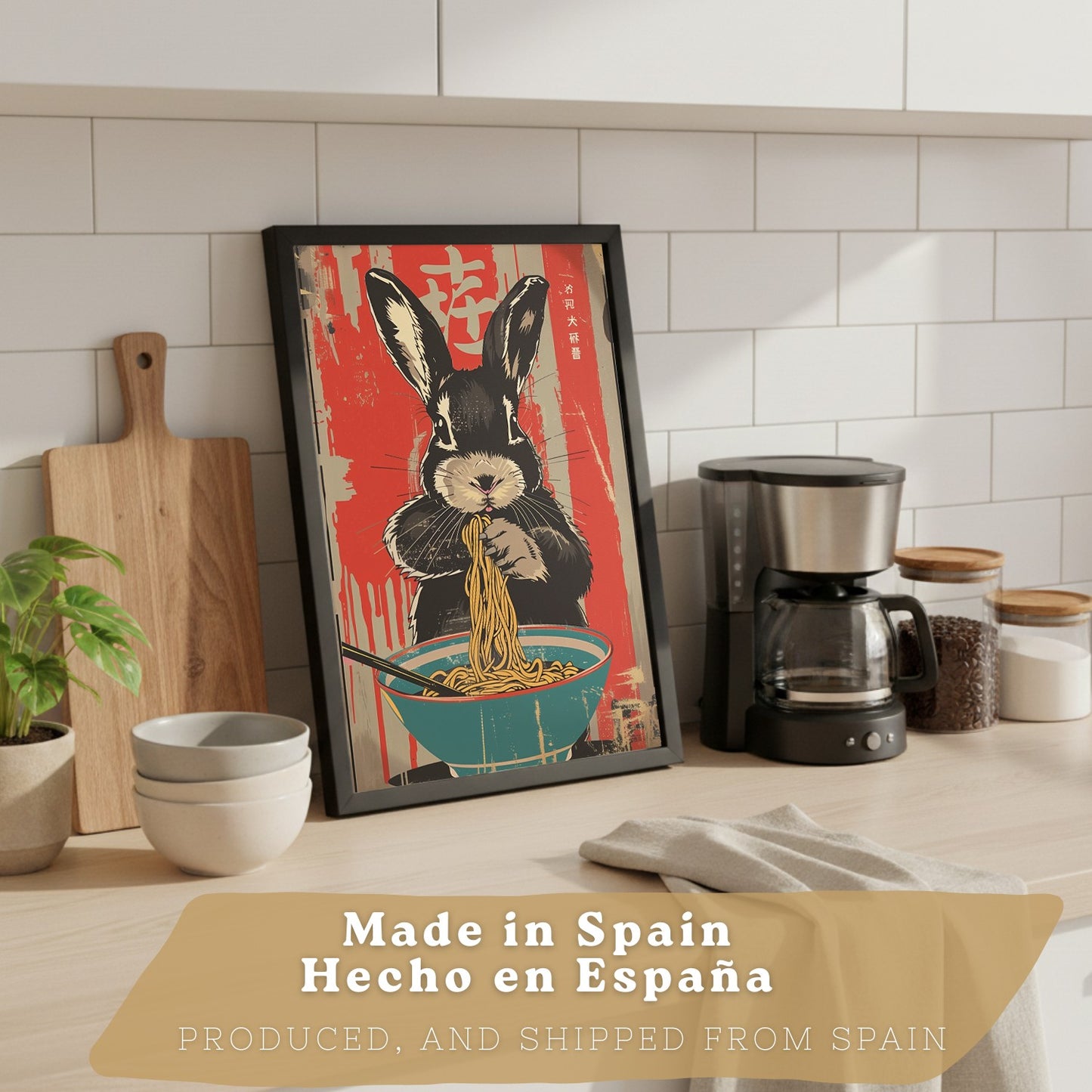 Set de 4 Láminas Animales Ramen Japonés Cuadros Cocina Gato Zorro y Conejo Comiendo Noodles Póster Decoración Pared