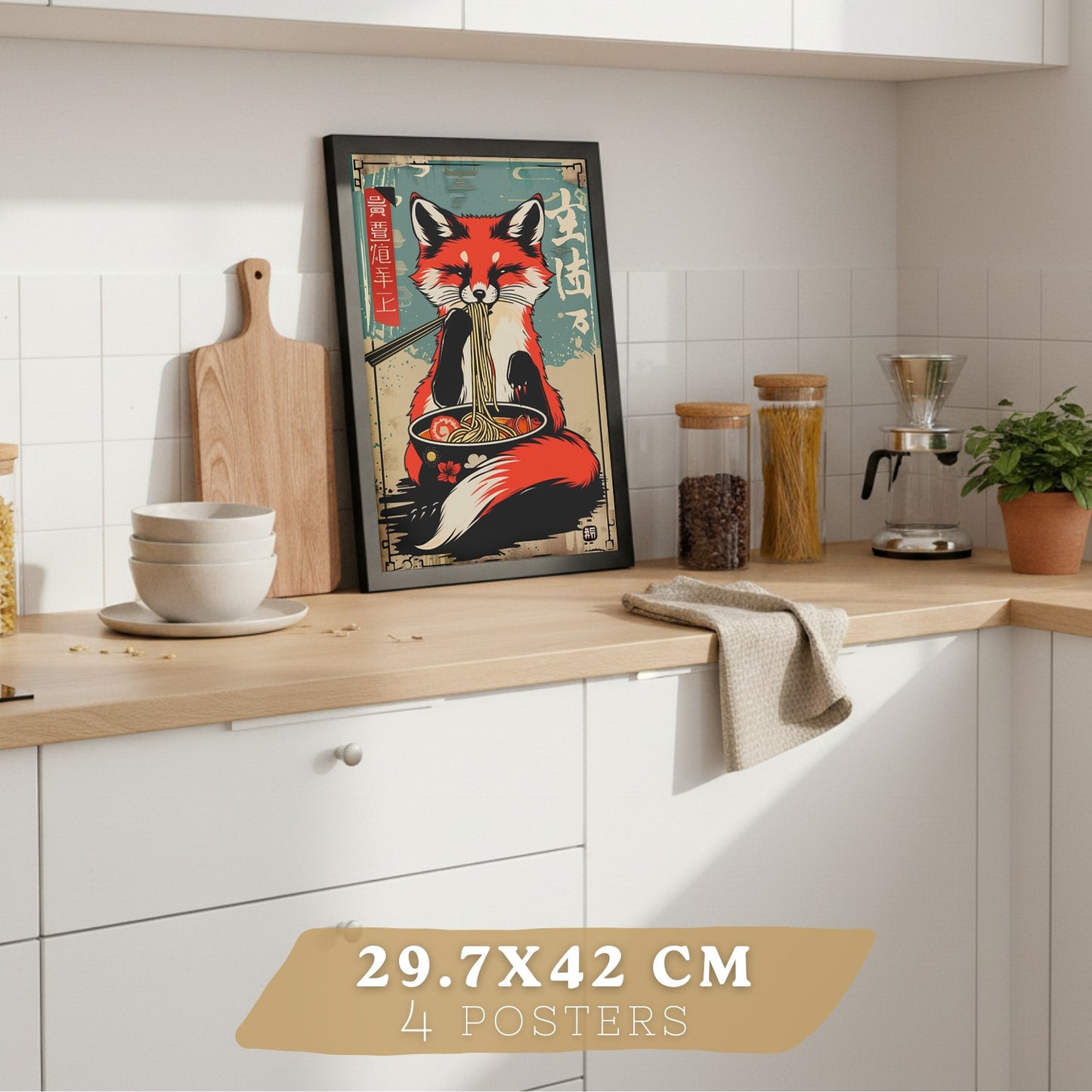 Set de 4 Láminas Animales Ramen Japonés Cuadros Cocina Gato Zorro y Conejo Comiendo Noodles Póster Decoración Pared