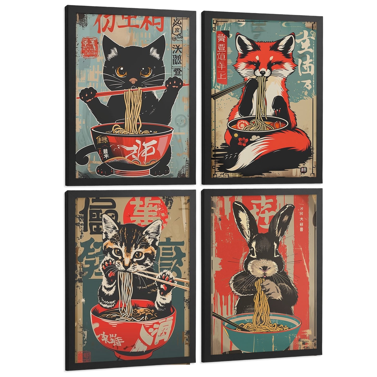 Set de 4 Láminas Animales Ramen Japonés Cuadros Cocina Gato Zorro y Conejo Comiendo Noodles Póster Decoración Pared