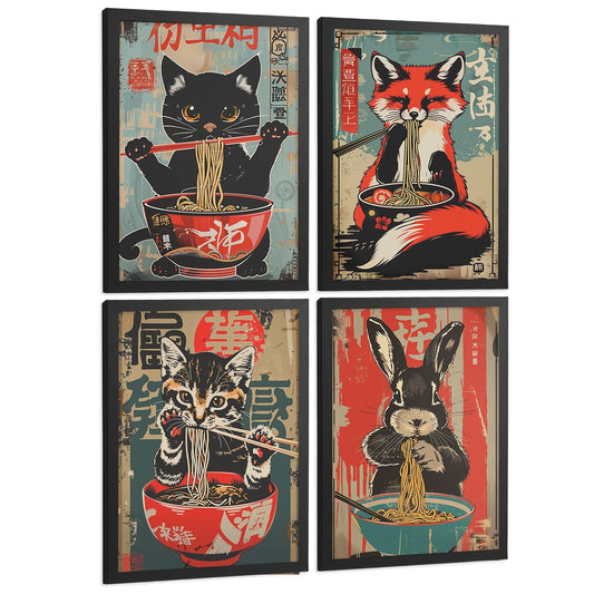 Set de 4 Láminas Animales Ramen Japonés Cuadros Cocina Gato Zorro y Conejo Comiendo Noodles Póster Decoración Pared