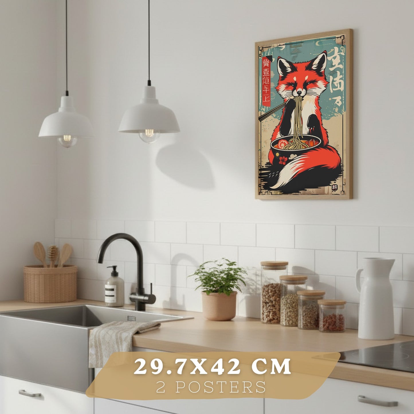 Set de 4 Láminas Animales Ramen Japonés Cuadros Cocina Gato Zorro y Conejo Comiendo Noodles Póster Decoración Pared