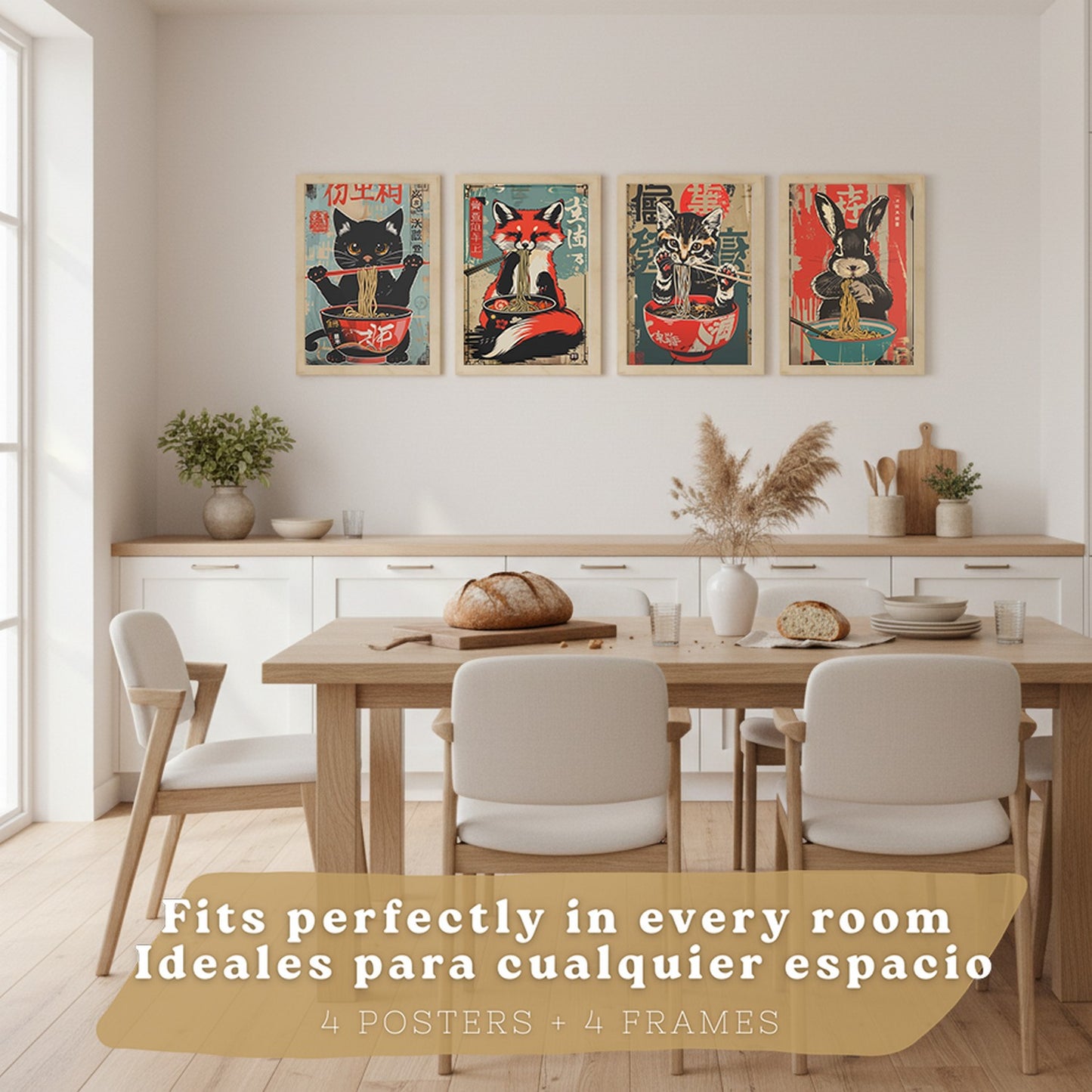 Set de 4 Láminas Animales Ramen Japonés Cuadros Cocina Gato Zorro y Conejo Comiendo Noodles Póster Decoración Pared