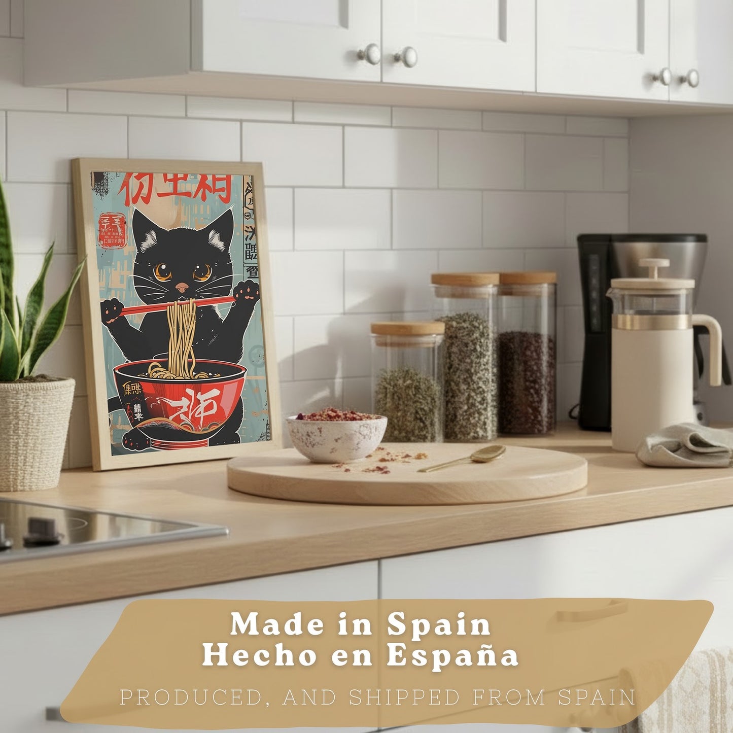 Set de 4 Láminas Animales Ramen Japonés Cuadros Cocina Gato Zorro y Conejo Comiendo Noodles Póster Decoración Pared