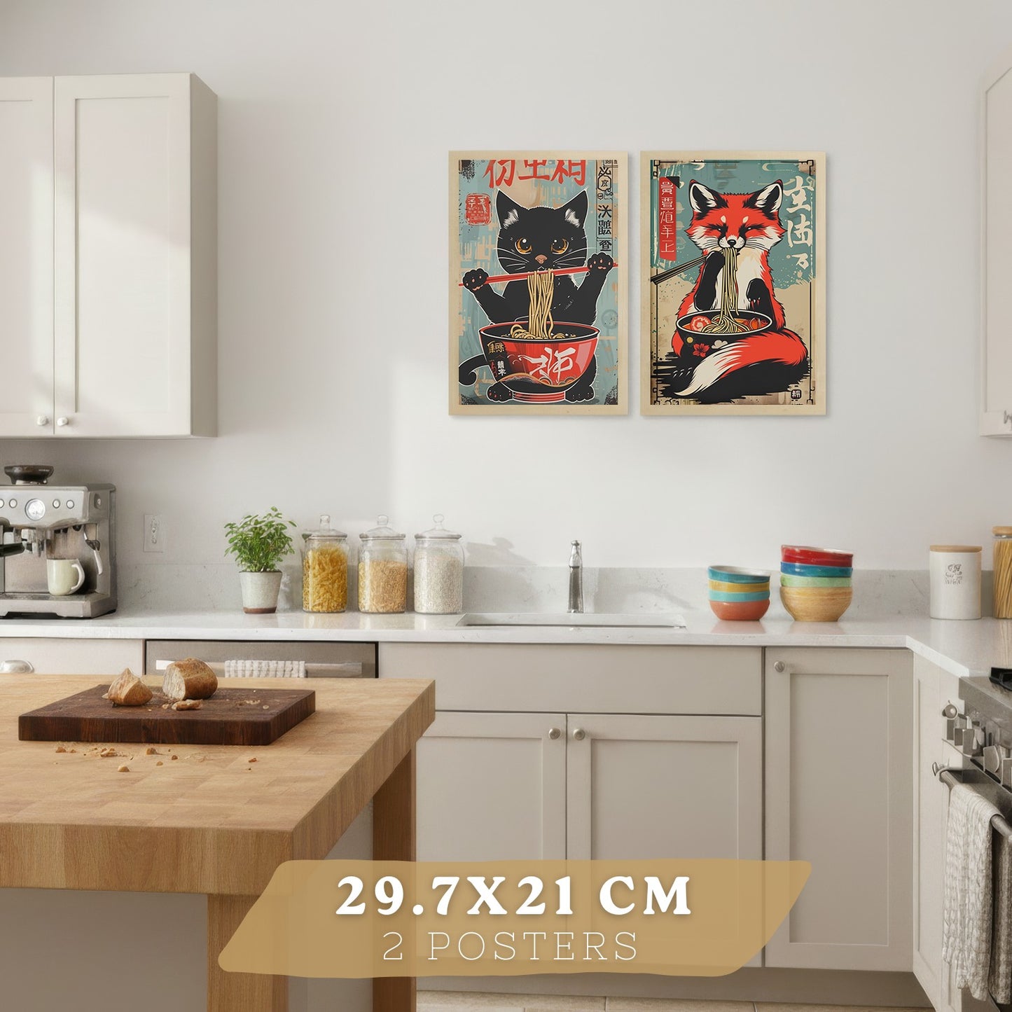 Set de 4 Láminas Animales Ramen Japonés Cuadros Cocina Gato Zorro y Conejo Comiendo Noodles Póster Decoración Pared