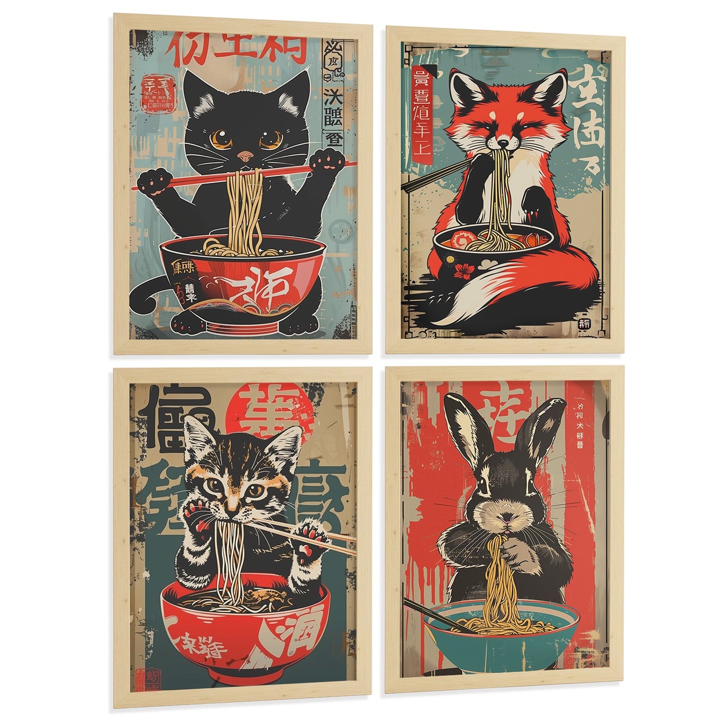 Set de 4 Láminas Animales Ramen Japonés Cuadros Cocina Gato Zorro y Conejo Comiendo Noodles Póster Decoración Pared