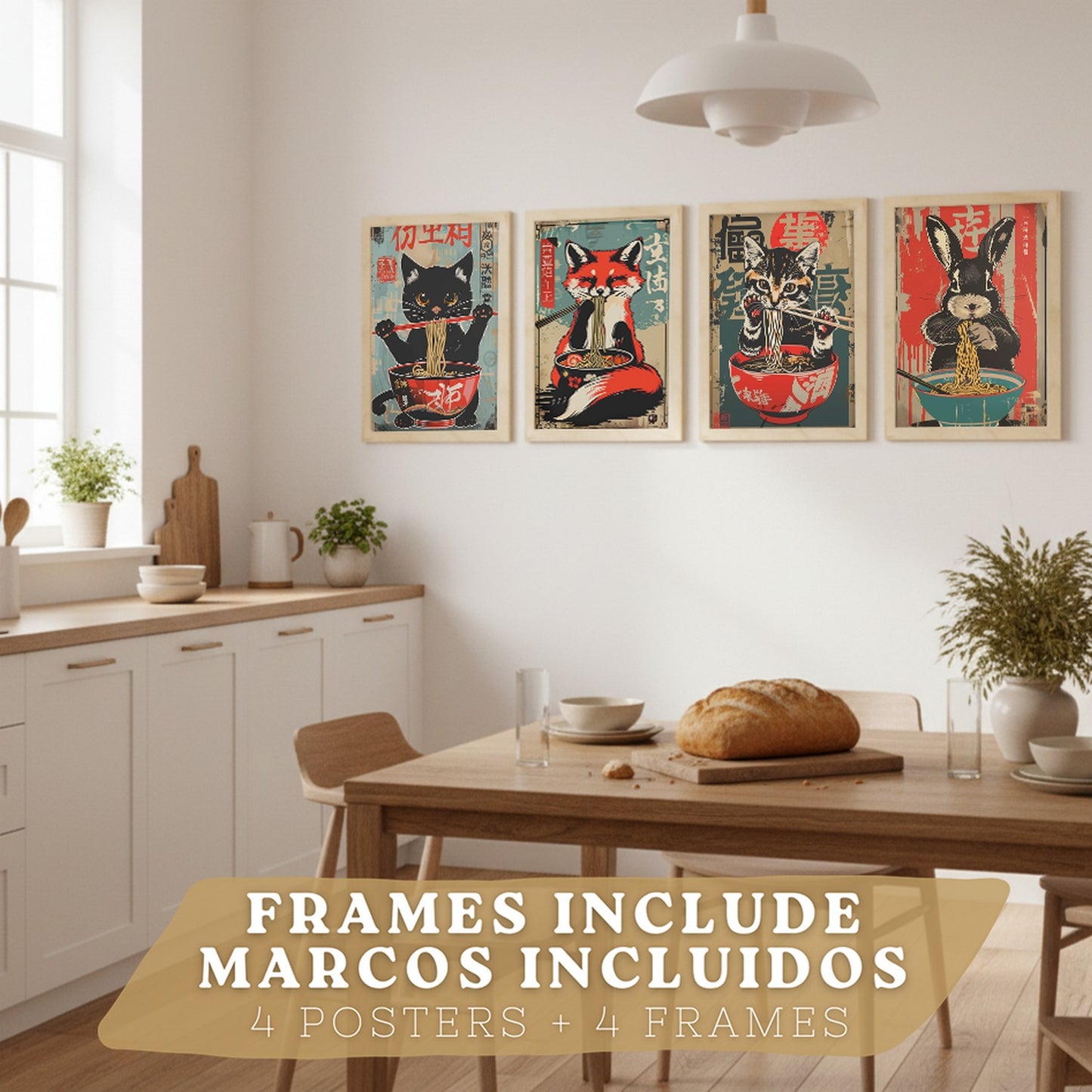 Set de 4 Láminas Animales Ramen Japonés Cuadros Cocina Gato Zorro y Conejo Comiendo Noodles Póster Decoración Pared