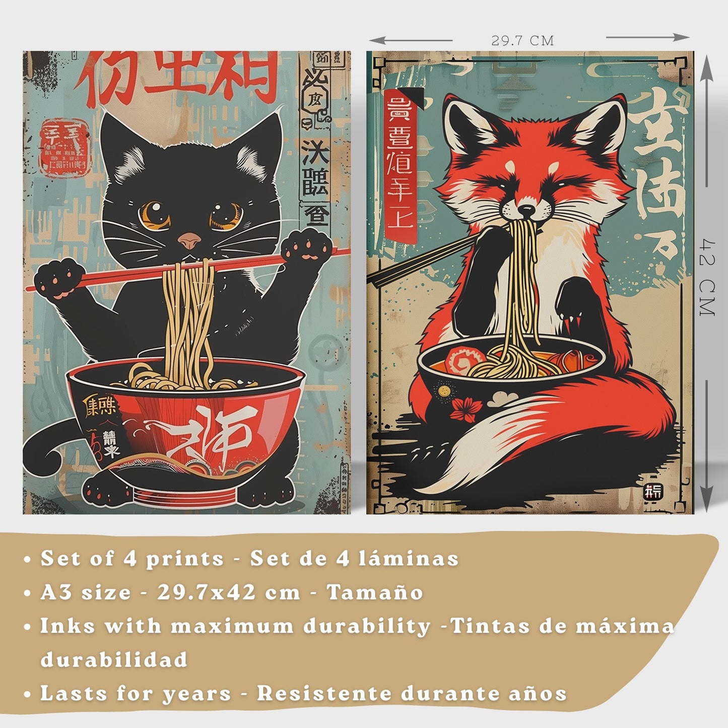 Set de 4 Láminas Animales Ramen Japonés Cuadros Cocina Gato Zorro y Conejo Comiendo Noodles Póster Decoración Pared