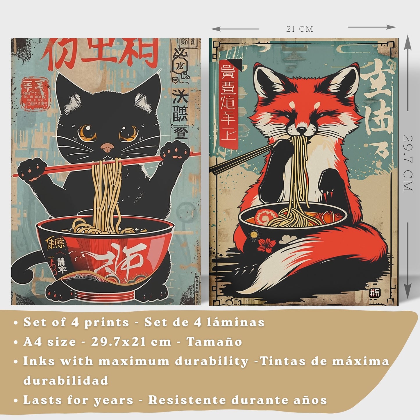 Set de 4 Láminas Animales Ramen Japonés Cuadros Cocina Gato Zorro y Conejo Comiendo Noodles Póster Decoración Pared