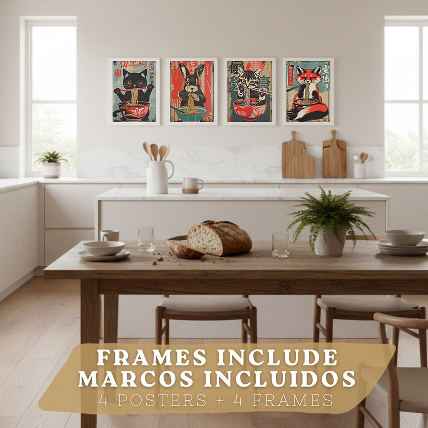 Set de 4 Láminas Animales Ramen Japonés Cuadros Cocina Gato Zorro y Conejo Comiendo Noodles Póster Decoración Pared