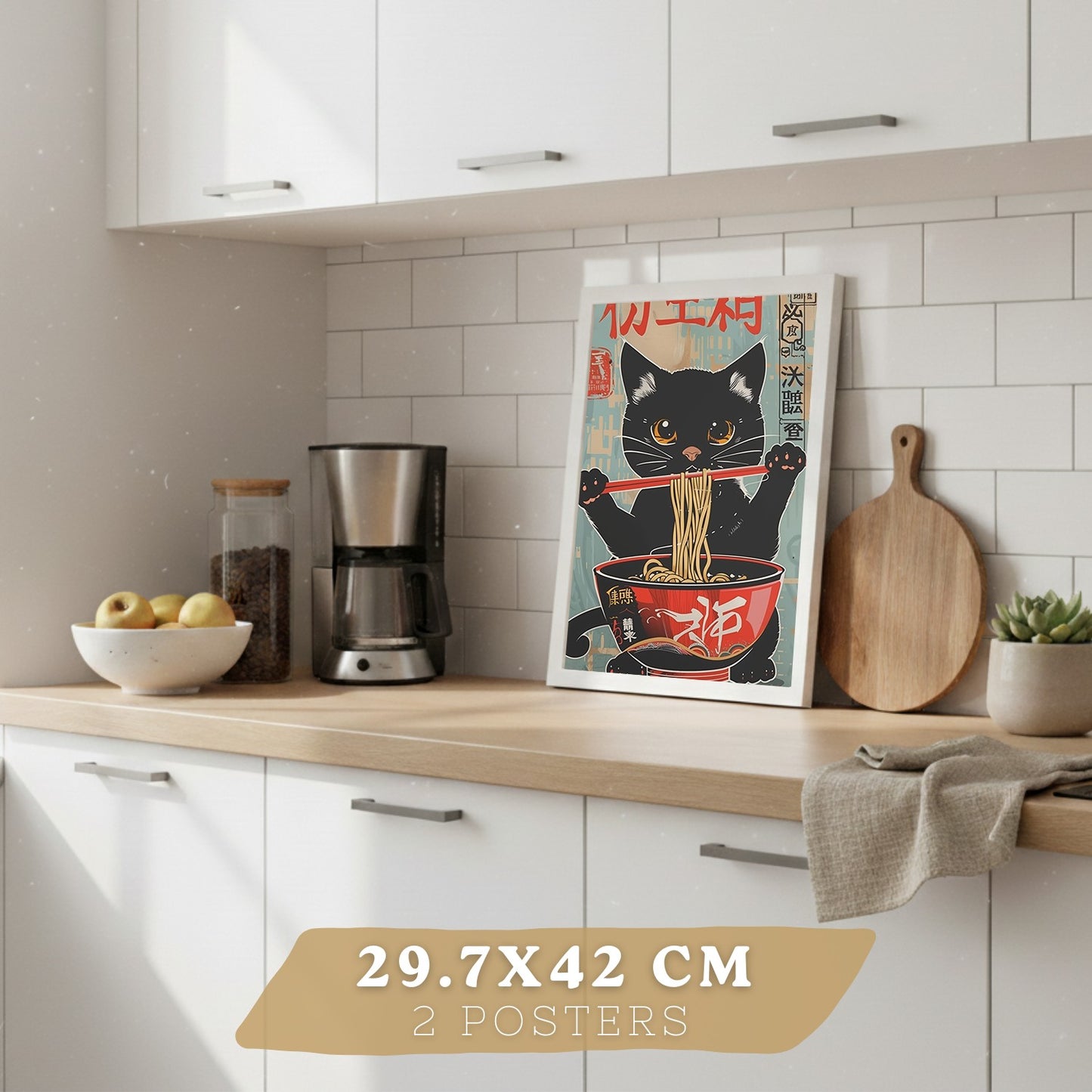 Set de 4 Láminas Animales Ramen Japonés Cuadros Cocina Gato Zorro y Conejo Comiendo Noodles Póster Decoración Pared