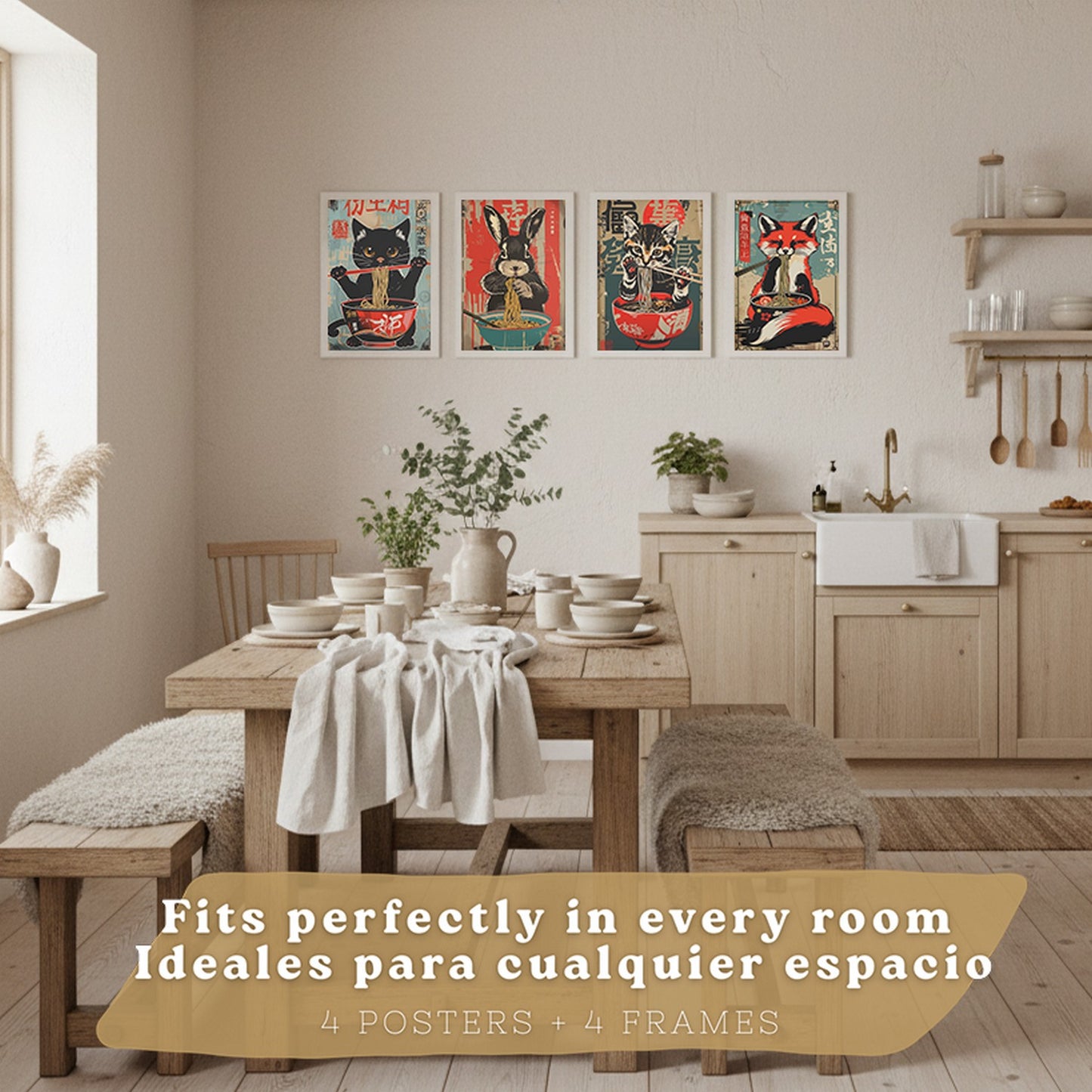 Set de 4 Láminas Animales Ramen Japonés Cuadros Cocina Gato Zorro y Conejo Comiendo Noodles Póster Decoración Pared