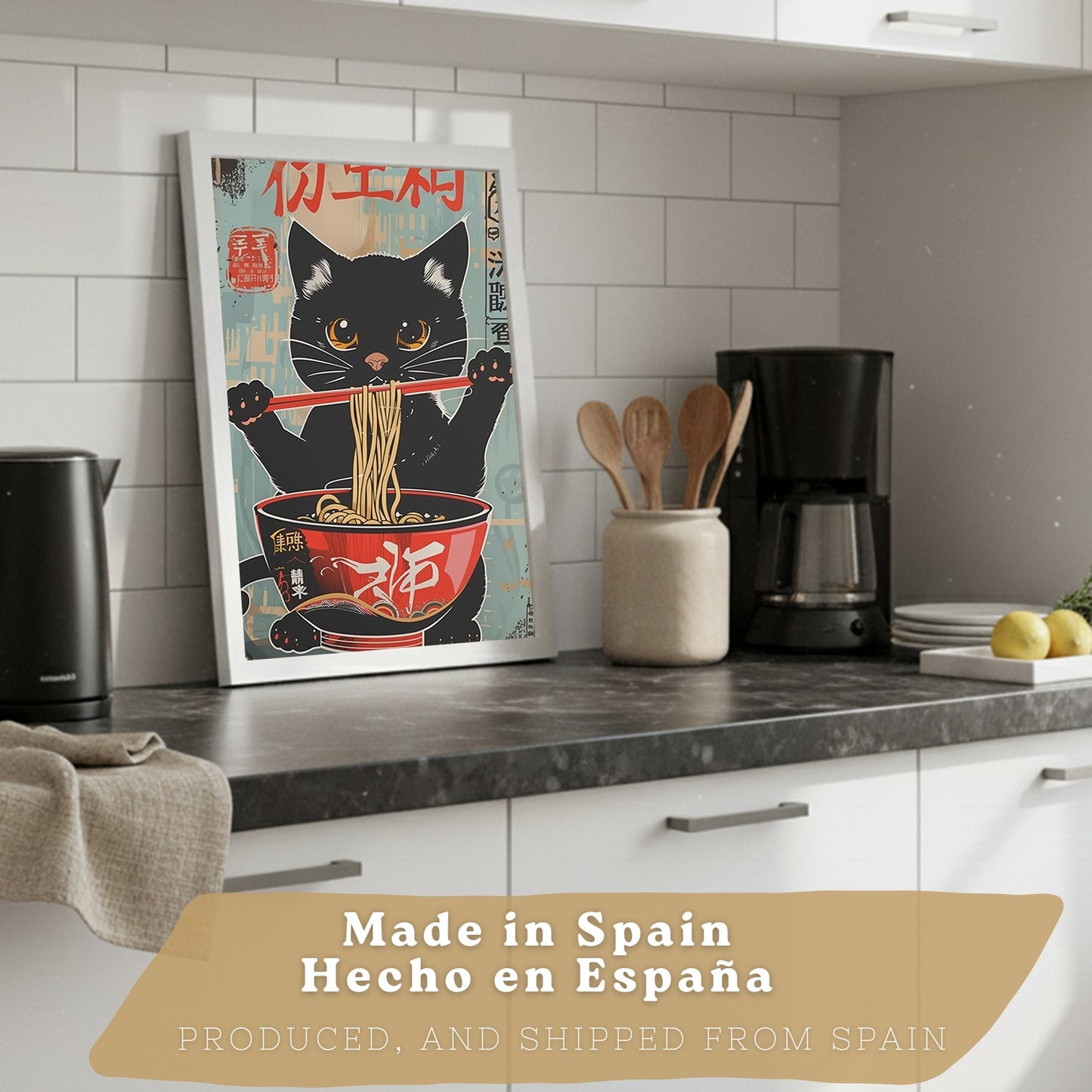 Set de 4 Láminas Animales Ramen Japonés Cuadros Cocina Gato Zorro y Conejo Comiendo Noodles Póster Decoración Pared