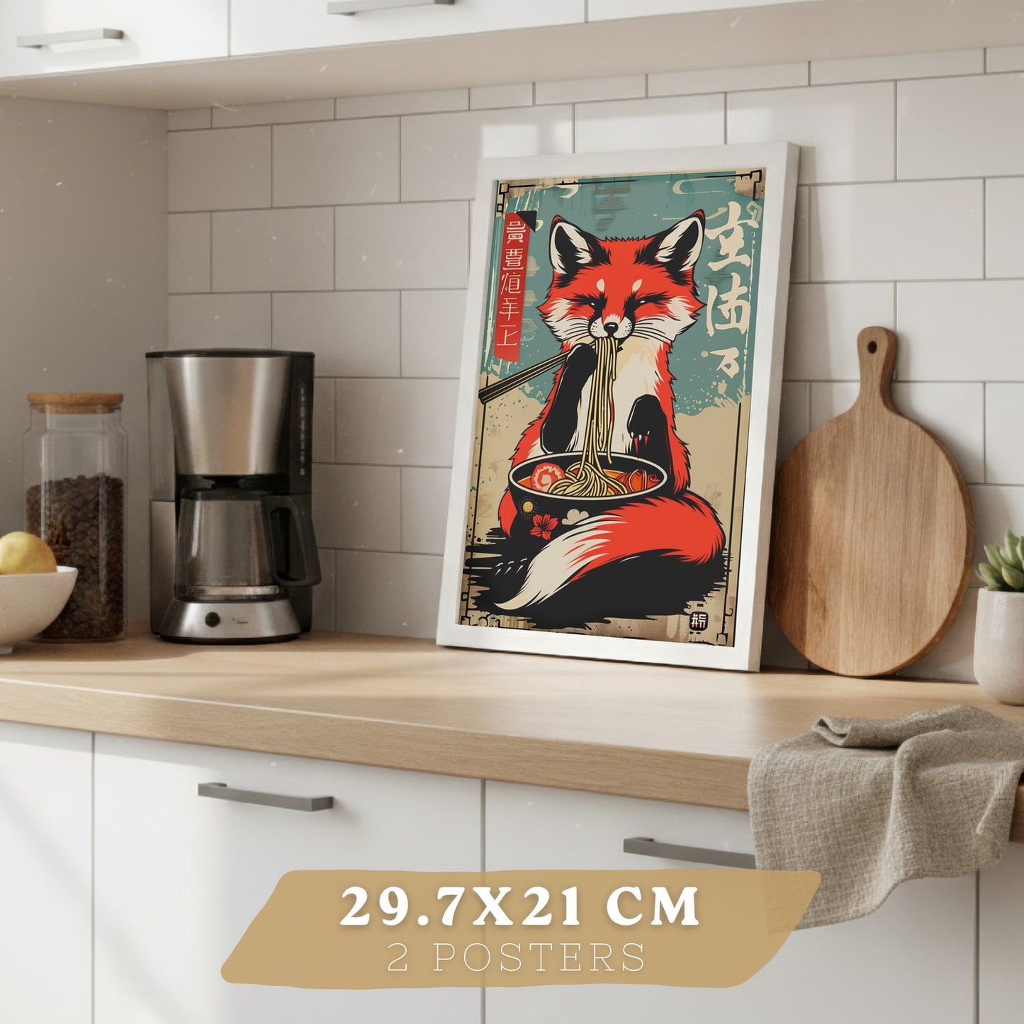 Set de 4 Láminas Animales Ramen Japonés Cuadros Cocina Gato Zorro y Conejo Comiendo Noodles Póster Decoración Pared