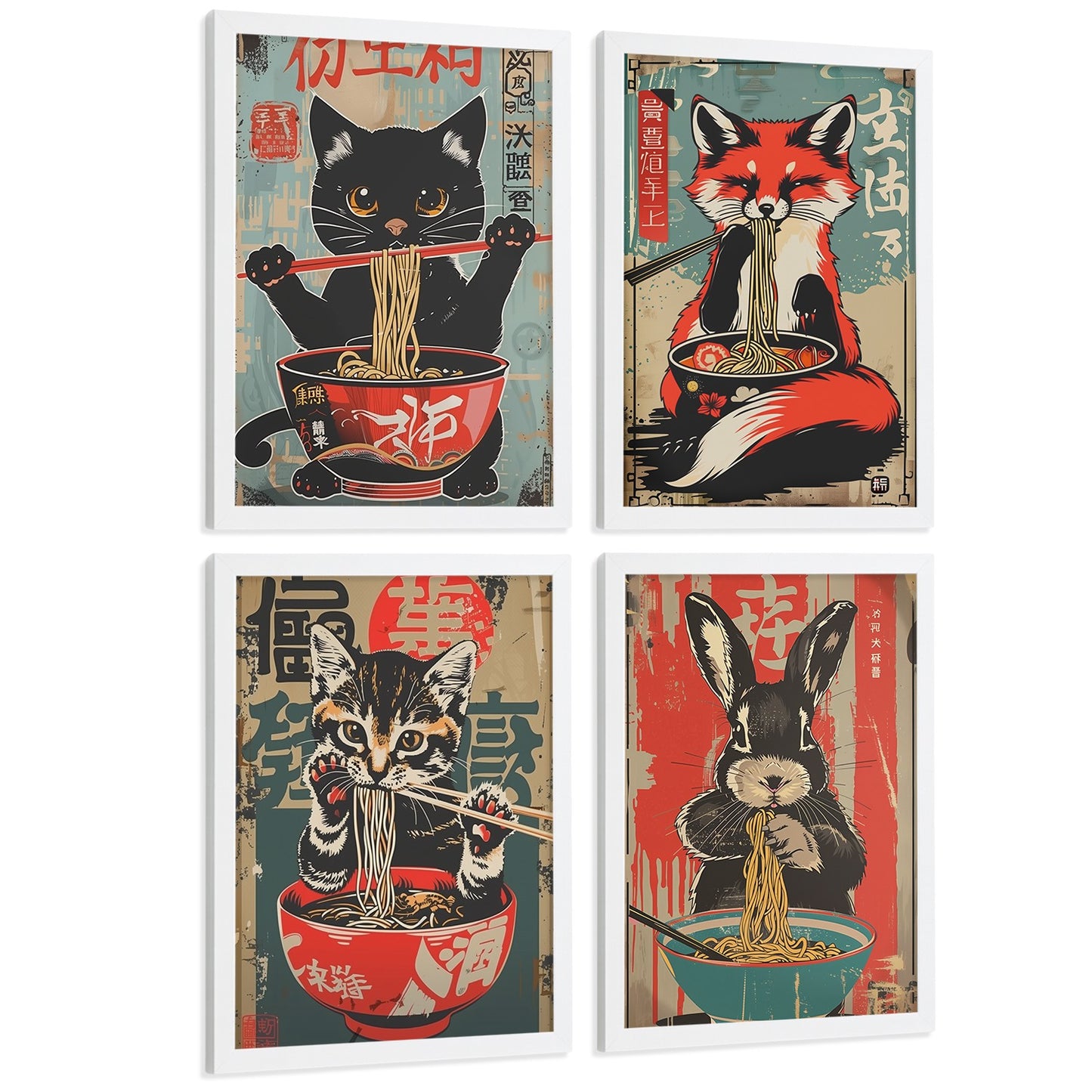 Set de 4 Láminas Animales Ramen Japonés Cuadros Cocina Gato Zorro y Conejo Comiendo Noodles Póster Decoración Pared
