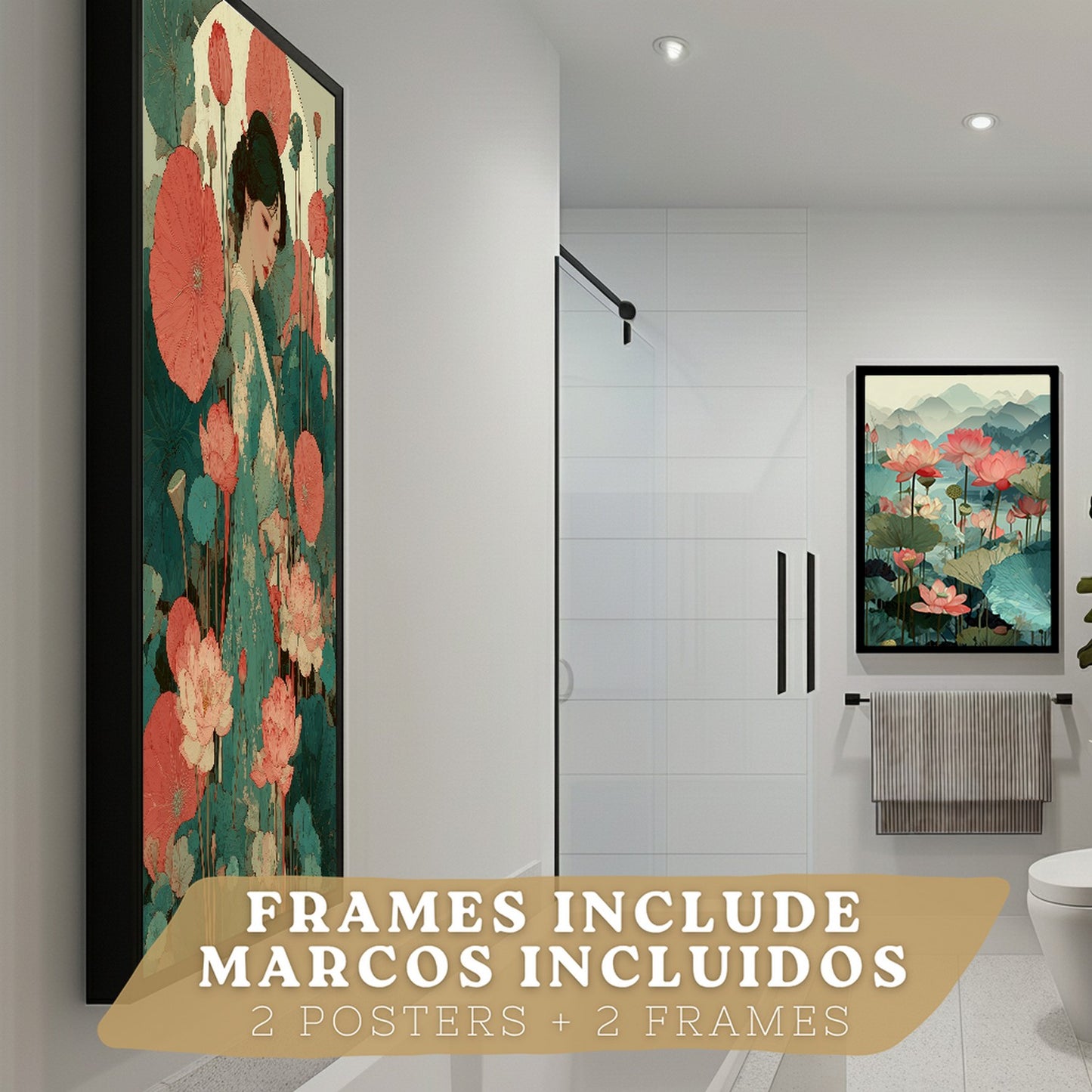 Set de 2 Laminas Decorativas Baño Cuadros Poster Arte Oriental Japones para Pared Lavabo Ducha WC y Aseo con Flores de Loto Paisaje Asiatico Estilo Elegante