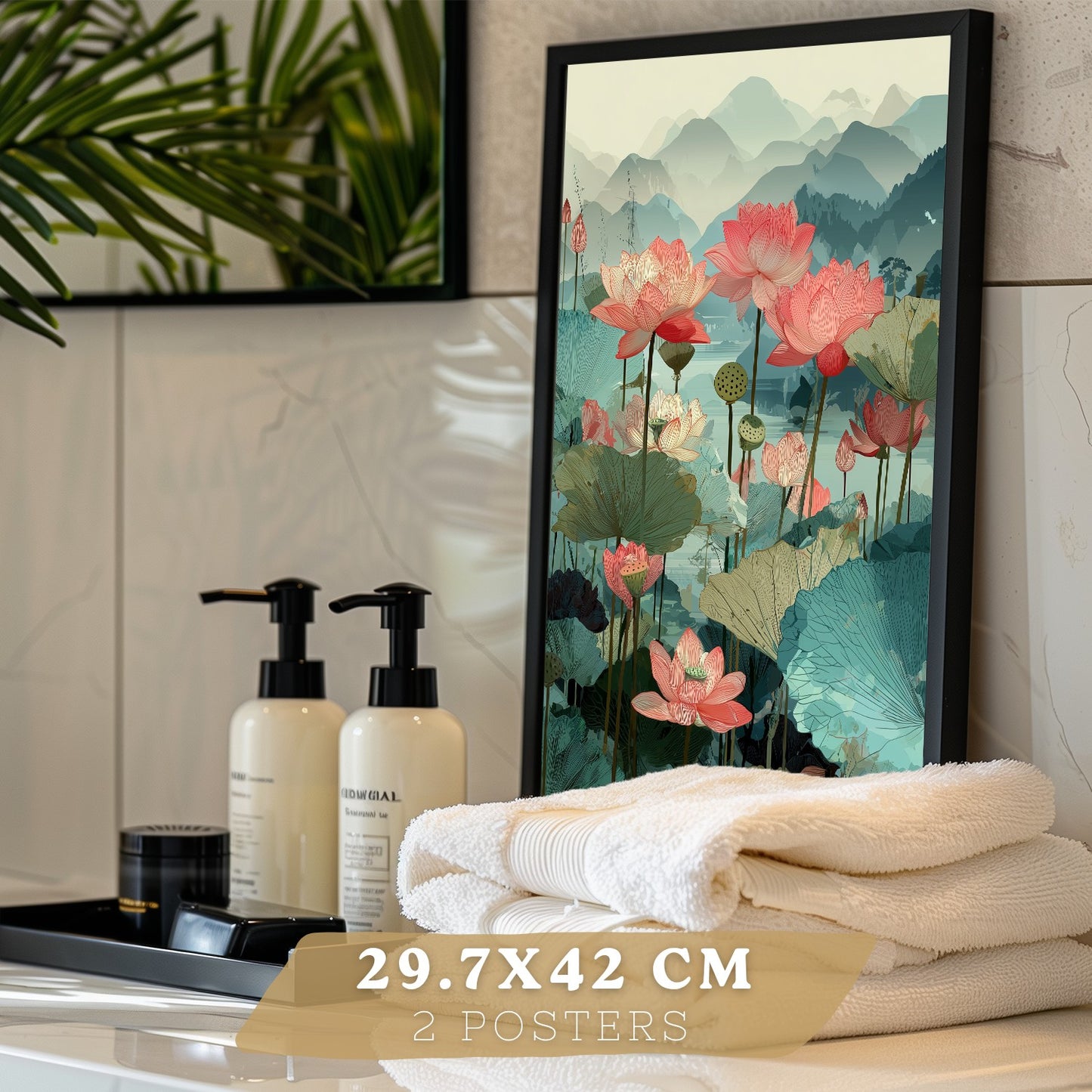 Set de 2 Laminas Decorativas Baño Cuadros Poster Arte Oriental Japones para Pared Lavabo Ducha WC y Aseo con Flores de Loto Paisaje Asiatico Estilo Elegante