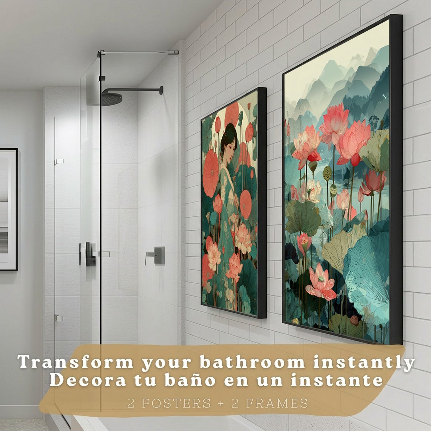 Set de 2 Laminas Decorativas Baño Cuadros Poster Arte Oriental Japones para Pared Lavabo Ducha WC y Aseo con Flores de Loto Paisaje Asiatico Estilo Elegante