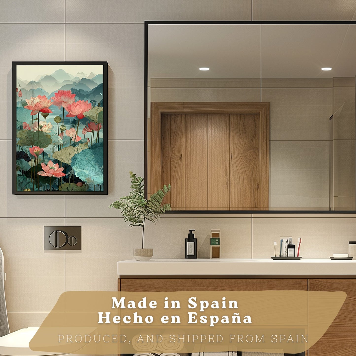 Set de 2 Laminas Decorativas Baño Cuadros Poster Arte Oriental Japones para Pared Lavabo Ducha WC y Aseo con Flores de Loto Paisaje Asiatico Estilo Elegante