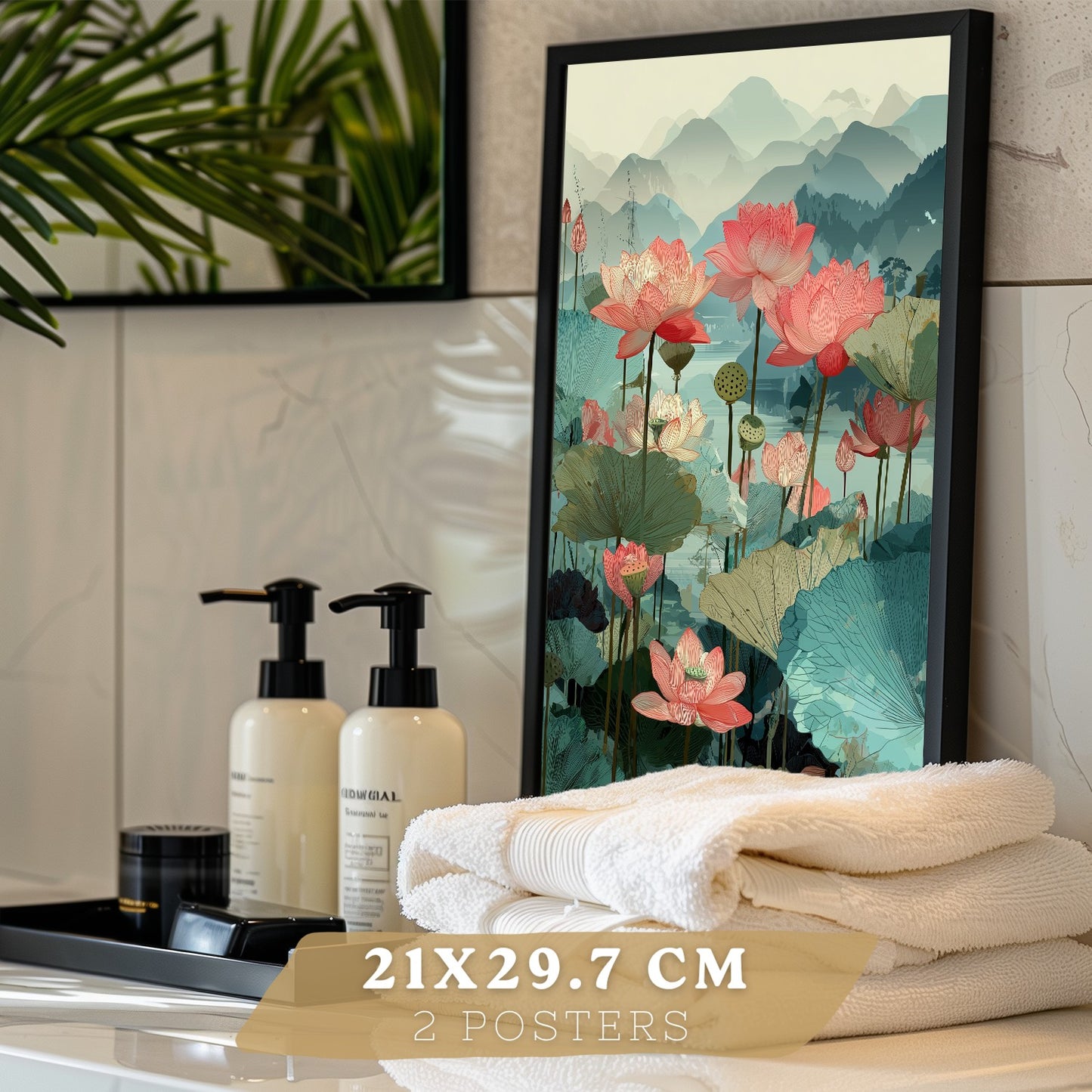 Set de 2 Laminas Decorativas Baño Cuadros Poster Arte Oriental Japones para Pared Lavabo Ducha WC y Aseo con Flores de Loto Paisaje Asiatico Estilo Elegante