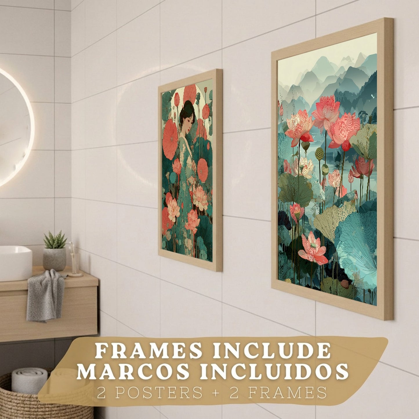 Set de 2 Laminas Decorativas Baño Cuadros Poster Arte Oriental Japones para Pared Lavabo Ducha WC y Aseo con Flores de Loto Paisaje Asiatico Estilo Elegante
