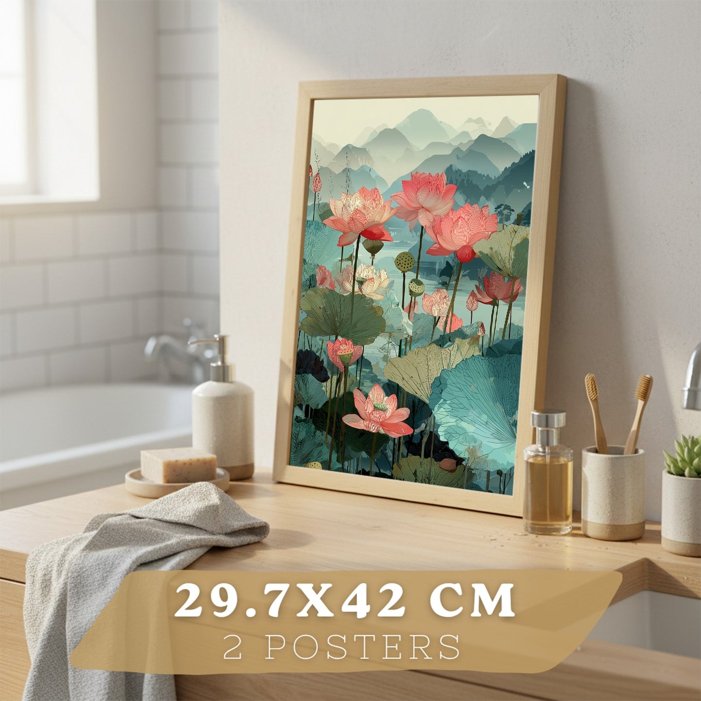 Set de 2 Laminas Decorativas Baño Cuadros Poster Arte Oriental Japones para Pared Lavabo Ducha WC y Aseo con Flores de Loto Paisaje Asiatico Estilo Elegante