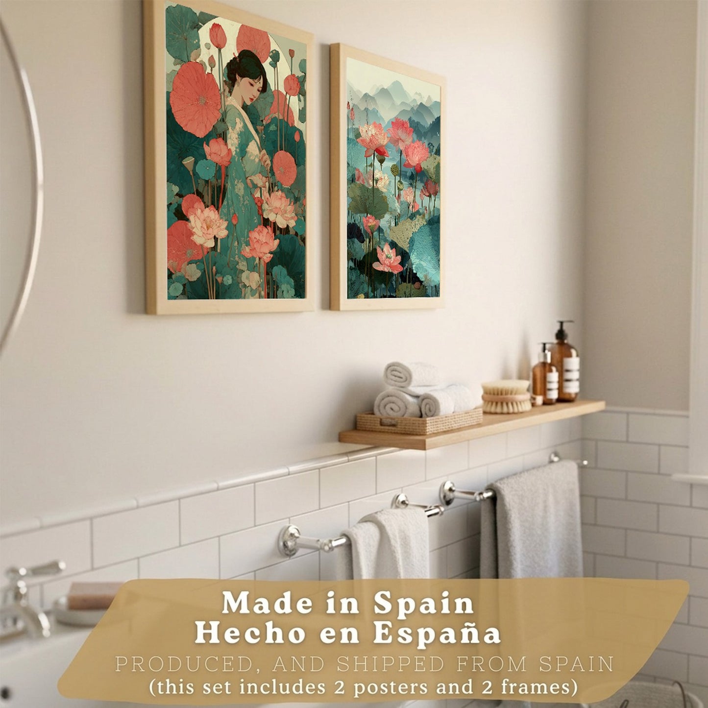 Set de 2 Laminas Decorativas Baño Cuadros Poster Arte Oriental Japones para Pared Lavabo Ducha WC y Aseo con Flores de Loto Paisaje Asiatico Estilo Elegante