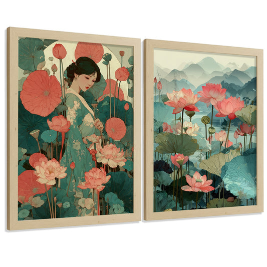 Set de 2 Laminas Decorativas Baño Cuadros Poster Arte Oriental Japones para Pared Lavabo Ducha WC y Aseo con Flores de Loto Paisaje Asiatico Estilo Elegante