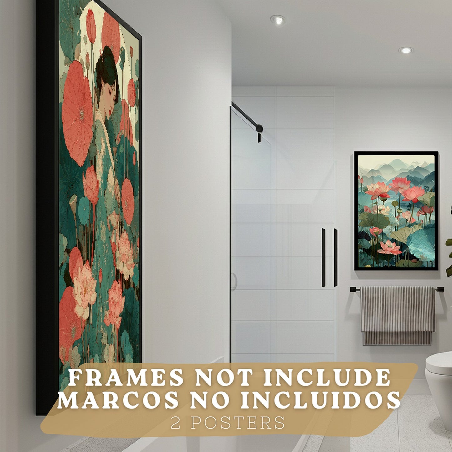Set de 2 Laminas Decorativas Baño Cuadros Poster Arte Oriental Japones para Pared Lavabo Ducha WC y Aseo con Flores de Loto Paisaje Asiatico Estilo Elegante