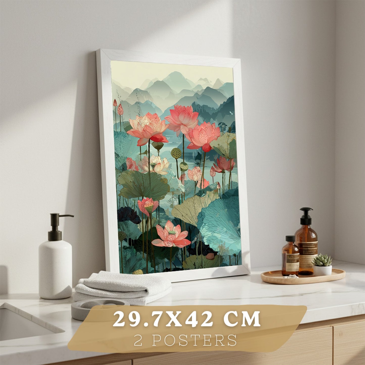 Set de 2 Laminas Decorativas Baño Cuadros Poster Arte Oriental Japones para Pared Lavabo Ducha WC y Aseo con Flores de Loto Paisaje Asiatico Estilo Elegante