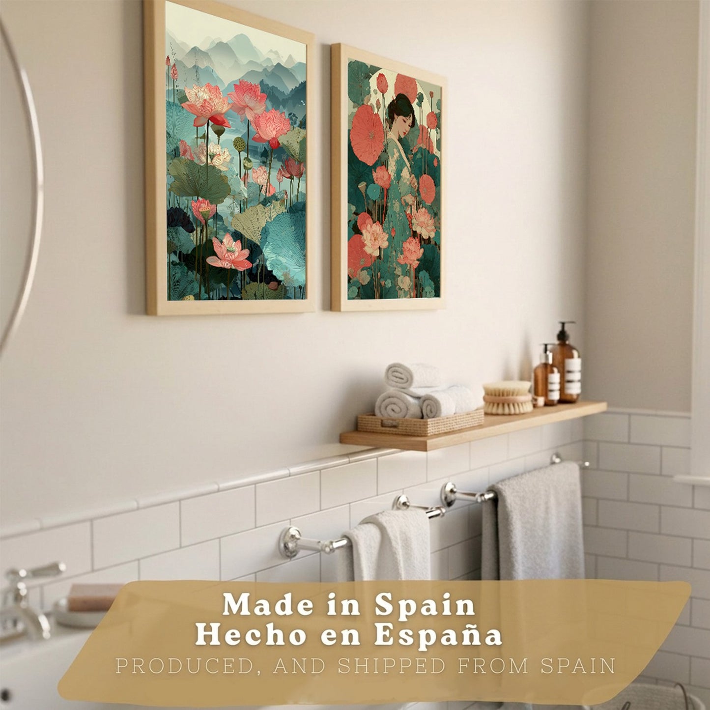 Set de 2 Laminas Decorativas Baño Cuadros Poster Arte Oriental Japones para Pared Lavabo Ducha WC y Aseo con Flores de Loto Paisaje Asiatico Estilo Elegante