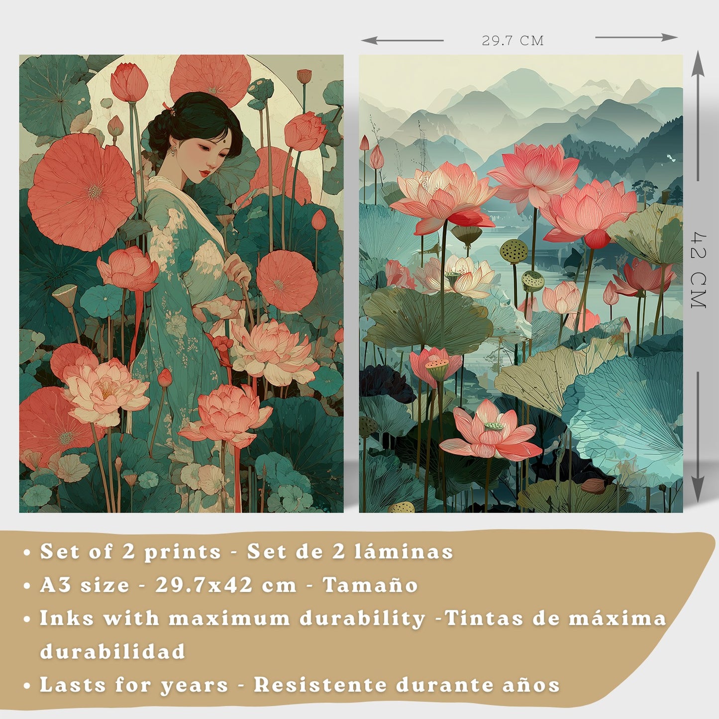 Set de 2 Laminas Decorativas Baño Cuadros Poster Arte Oriental Japones para Pared Lavabo Ducha WC y Aseo con Flores de Loto Paisaje Asiatico Estilo Elegante