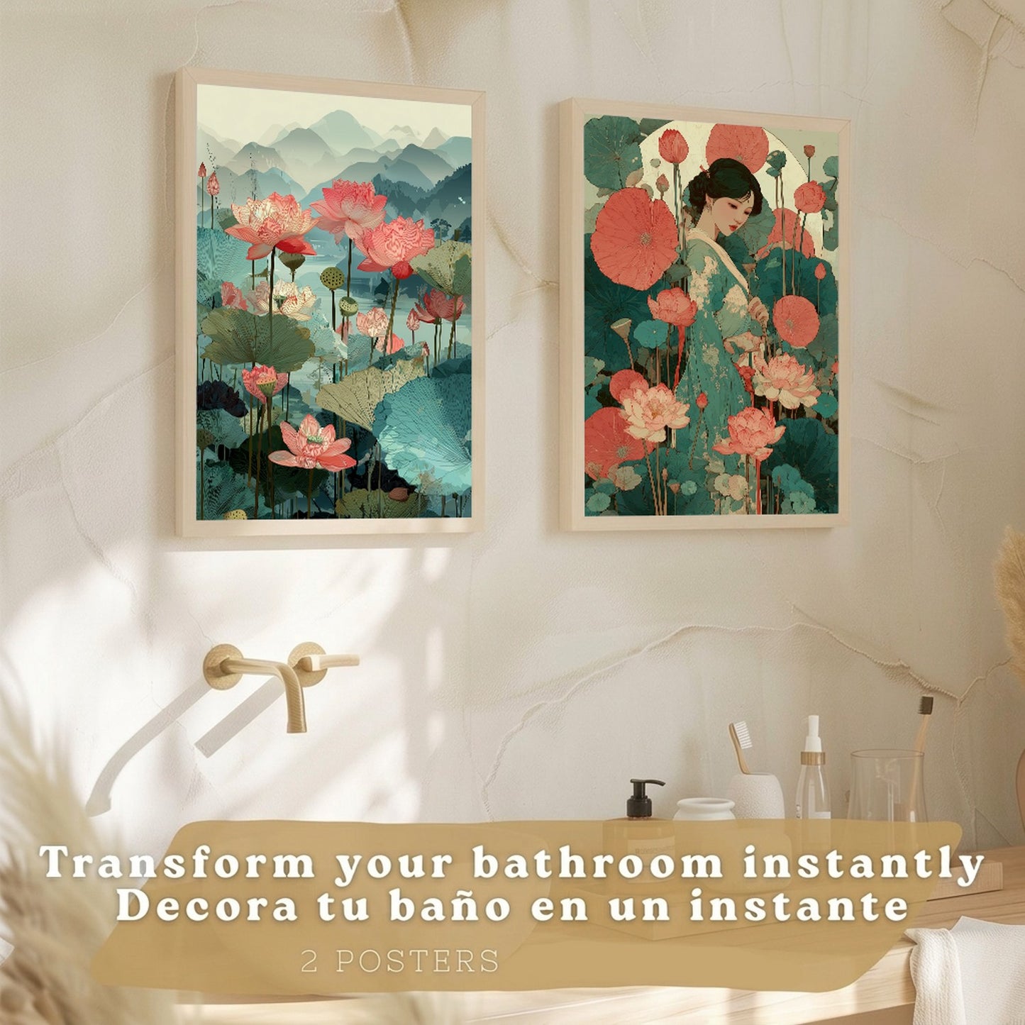 Set de 2 Laminas Decorativas Baño Cuadros Poster Arte Oriental Japones para Pared Lavabo Ducha WC y Aseo con Flores de Loto Paisaje Asiatico Estilo Elegante