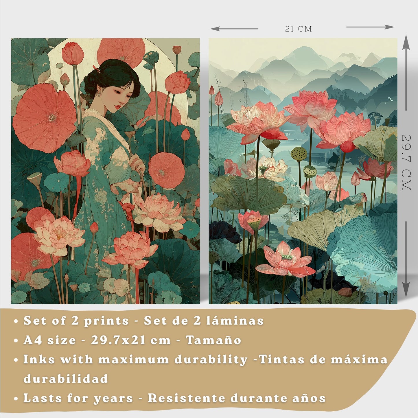 Set de 2 Laminas Decorativas Baño Cuadros Poster Arte Oriental Japones para Pared Lavabo Ducha WC y Aseo con Flores de Loto Paisaje Asiatico Estilo Elegante