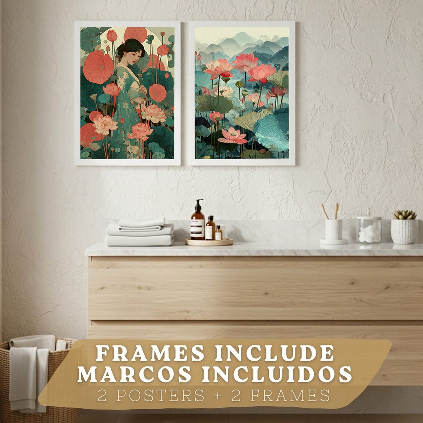 Set de 2 Laminas Decorativas Baño Cuadros Poster Arte Oriental Japones para Pared Lavabo Ducha WC y Aseo con Flores de Loto Paisaje Asiatico Estilo Elegante