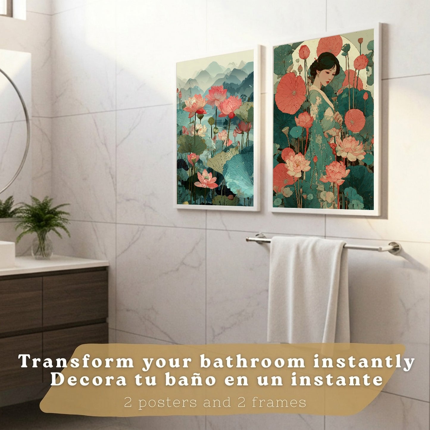 Set de 2 Laminas Decorativas Baño Cuadros Poster Arte Oriental Japones para Pared Lavabo Ducha WC y Aseo con Flores de Loto Paisaje Asiatico Estilo Elegante